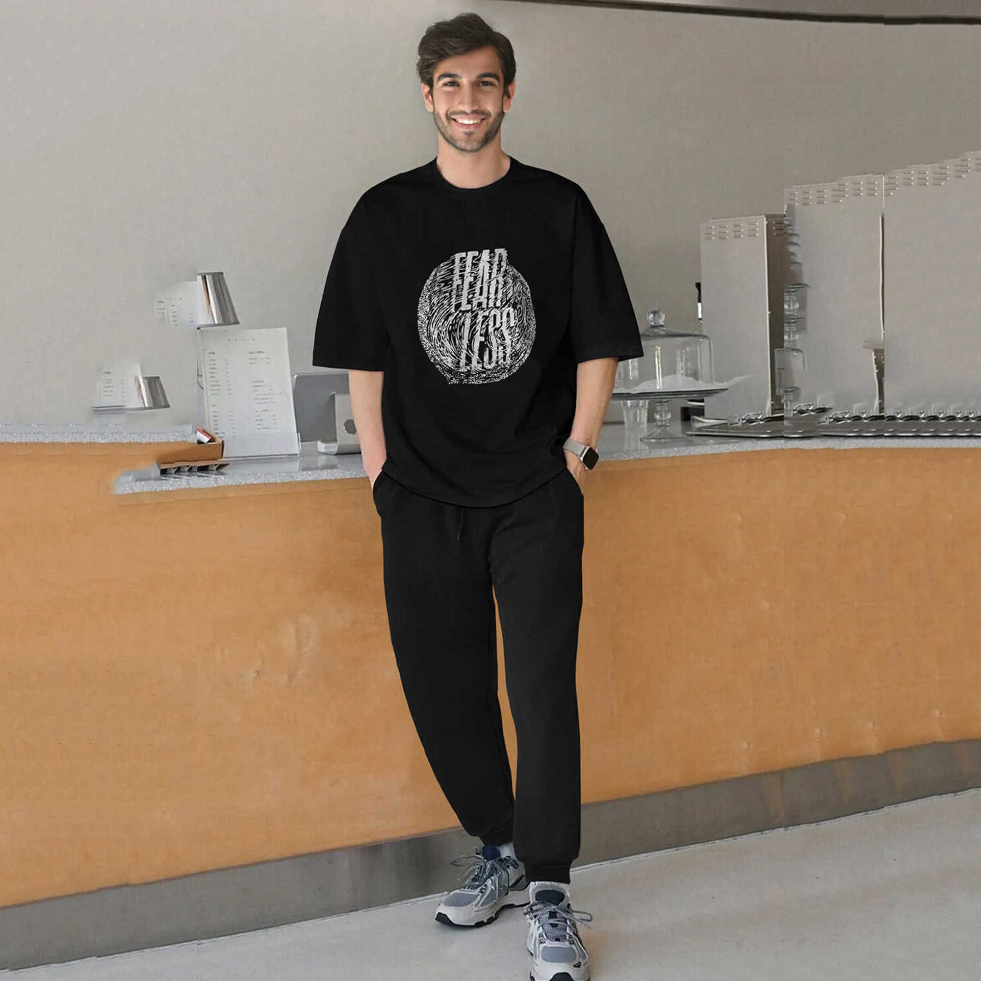 tracksuit oversized blue printed t-shirt with plain black trackpant