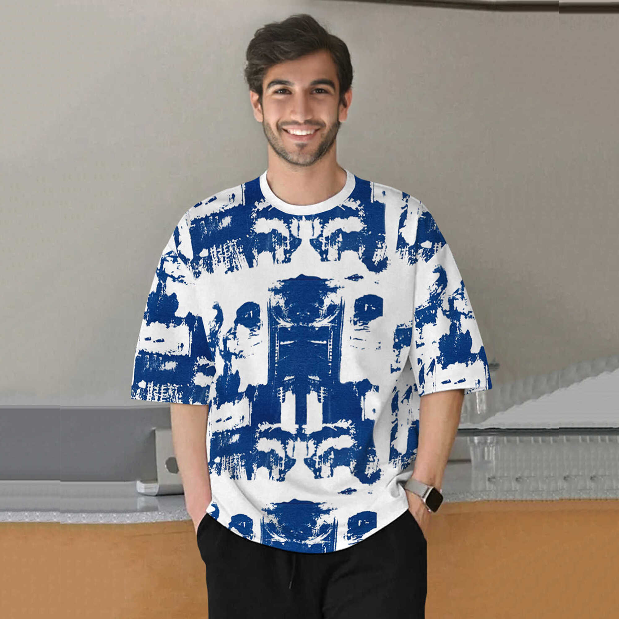 tracksuit oversized blue printed t-shirt with plain black trackpant