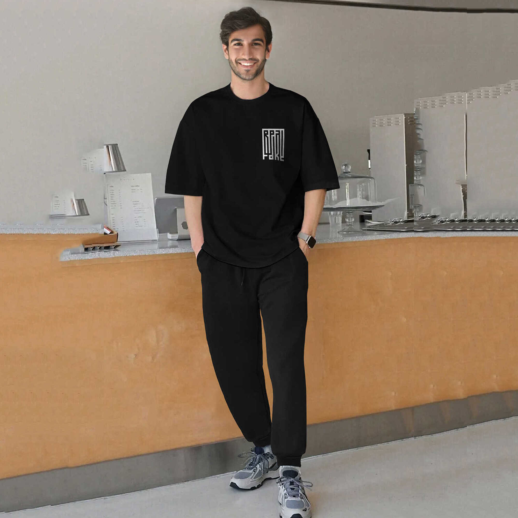 tracksuit oversized blue printed t-shirt with plain black trackpant