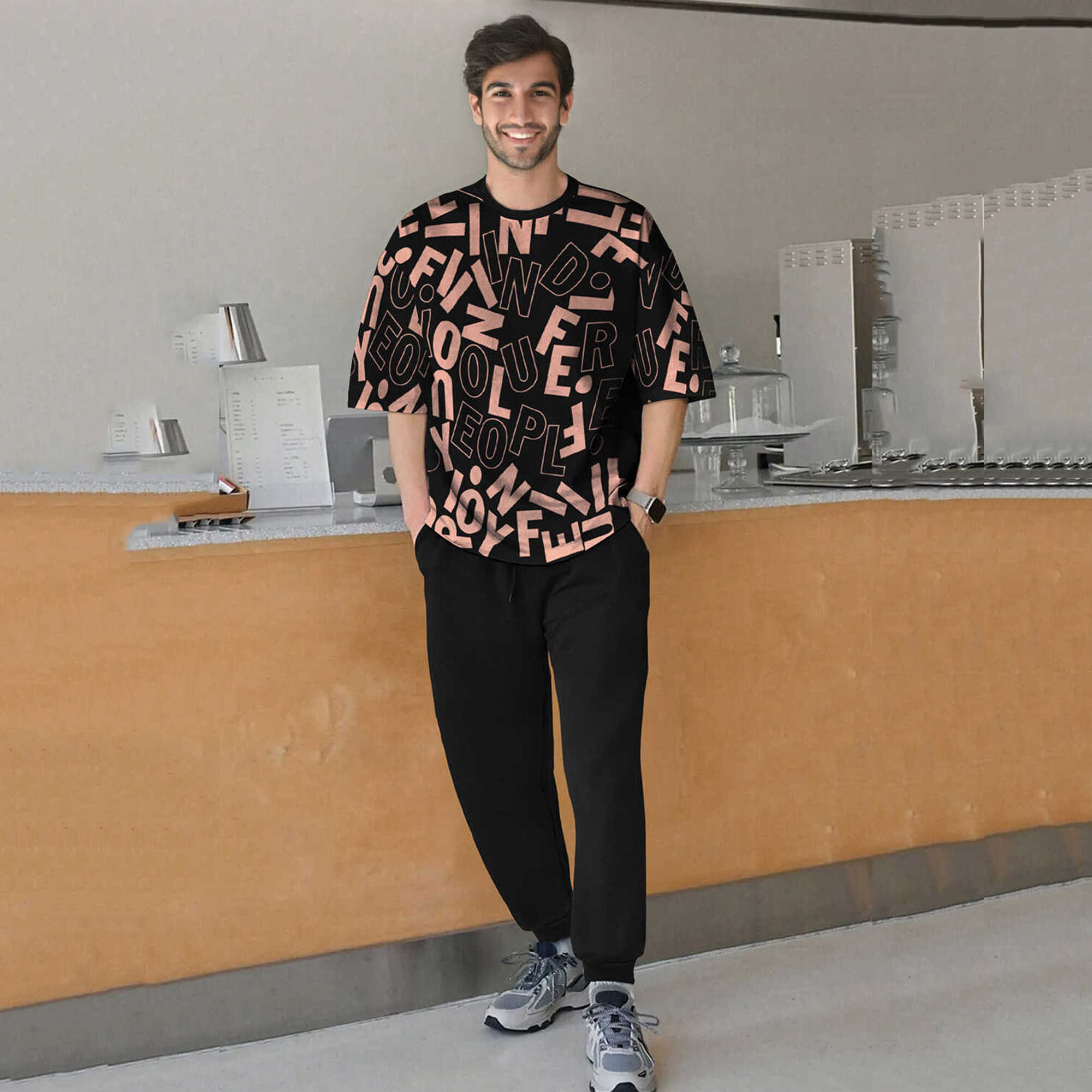 tracksuit oversized blue printed t-shirt with plain black trackpant
