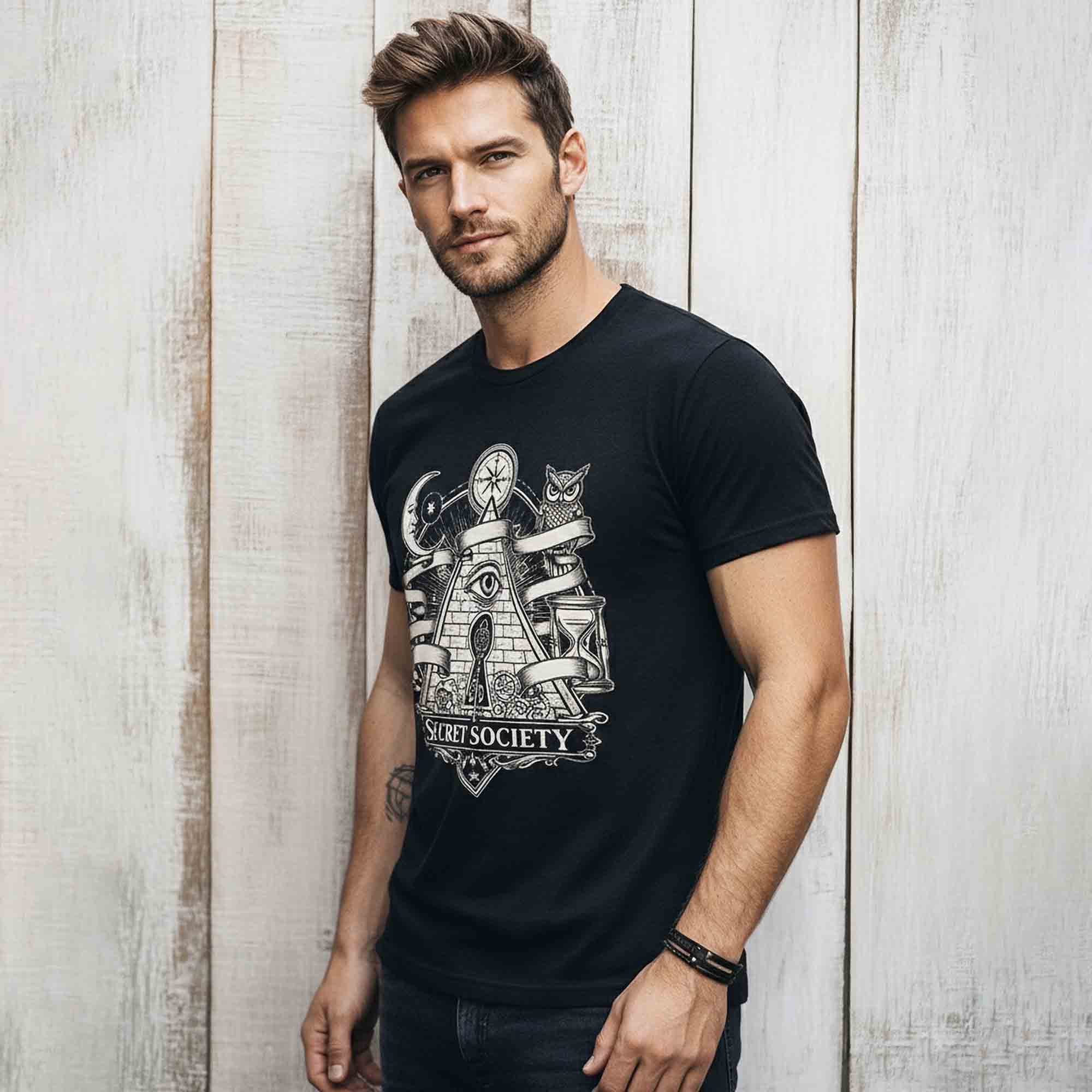 Mens Half Round Neck Printed Tshirt Black