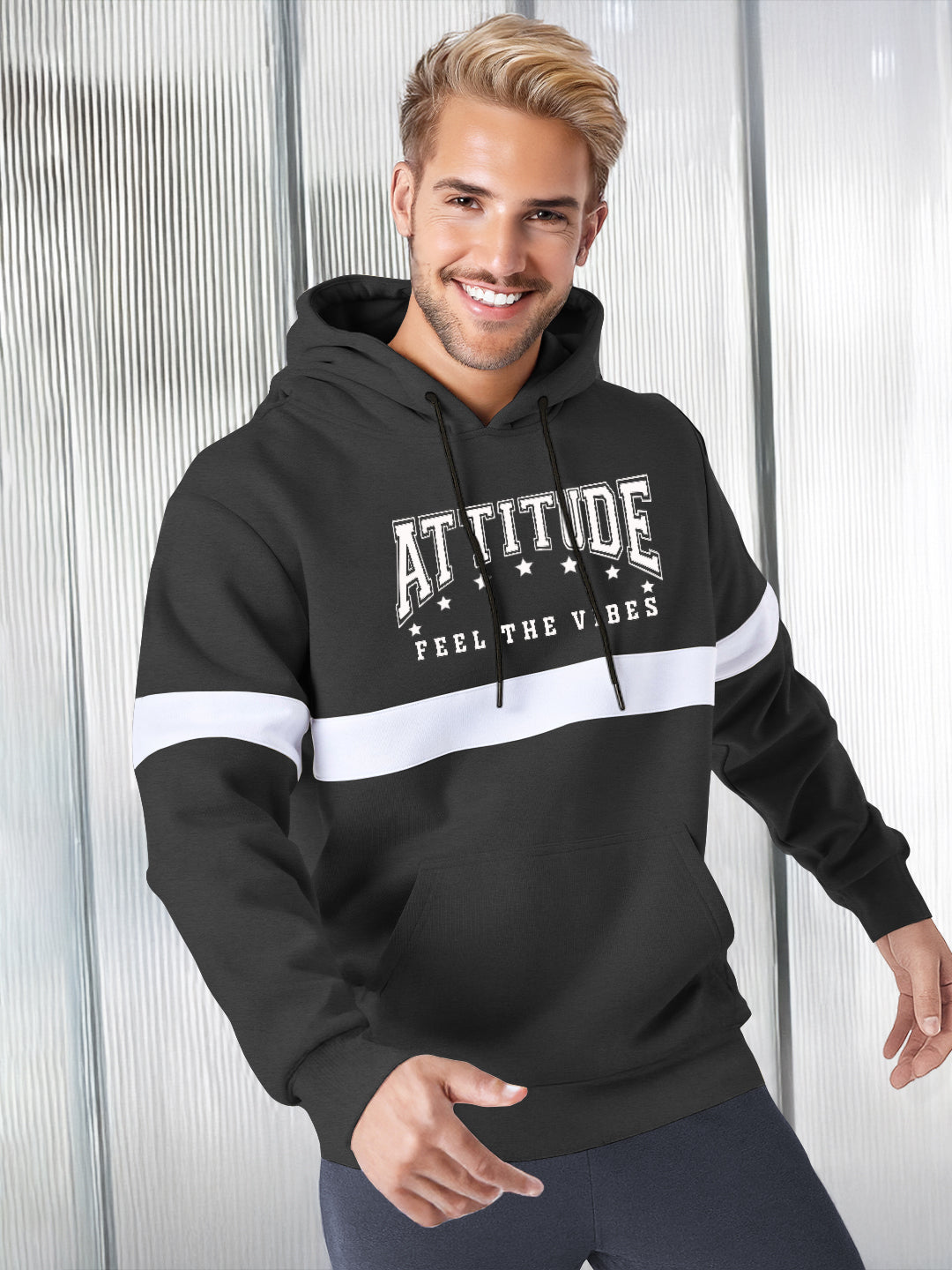 Men Stylish Printed Hooded Sweatshirt Darkgrey