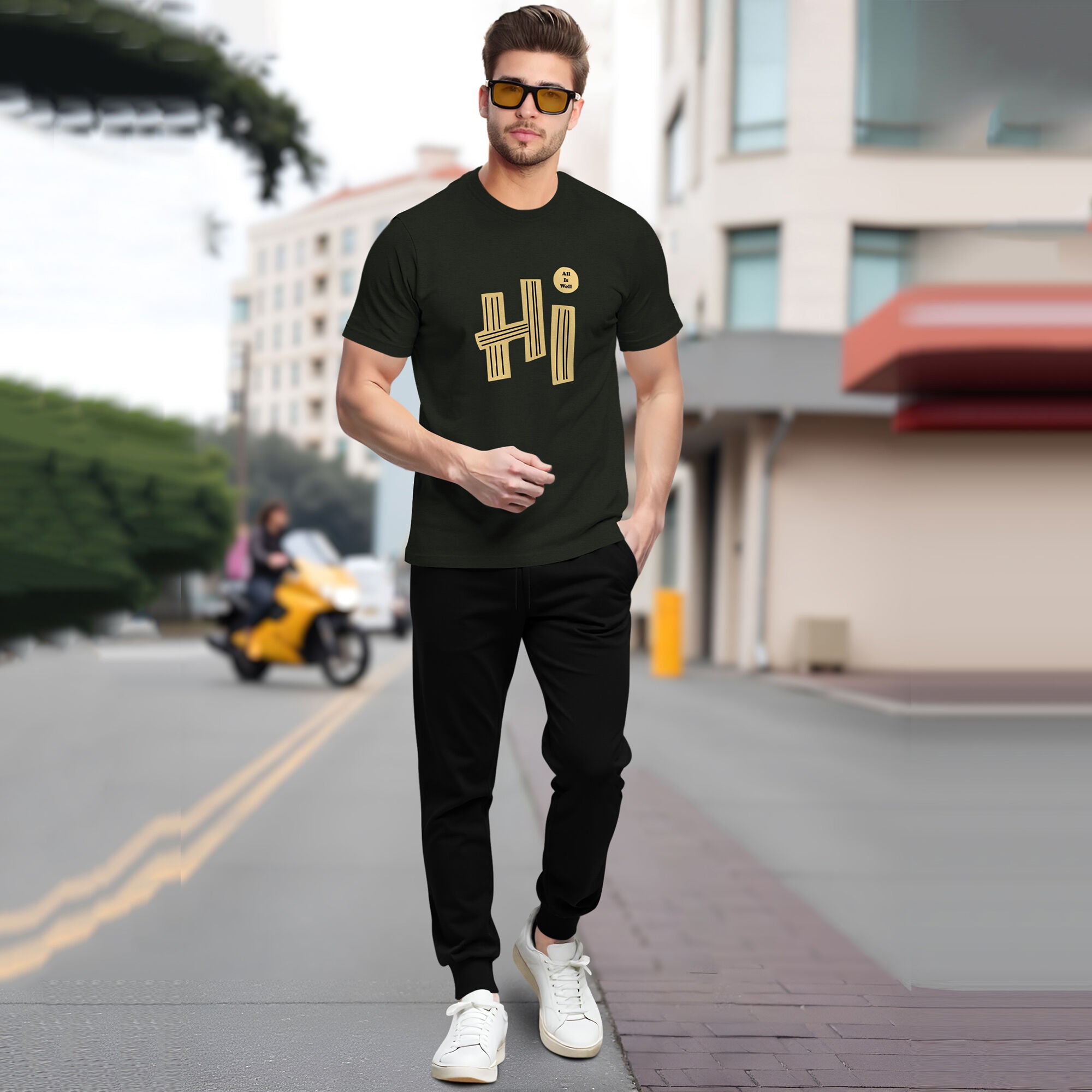 Tracksuit Men Olivegreen Half Sleeve Printed T-shirt Plain Black Trackpant
