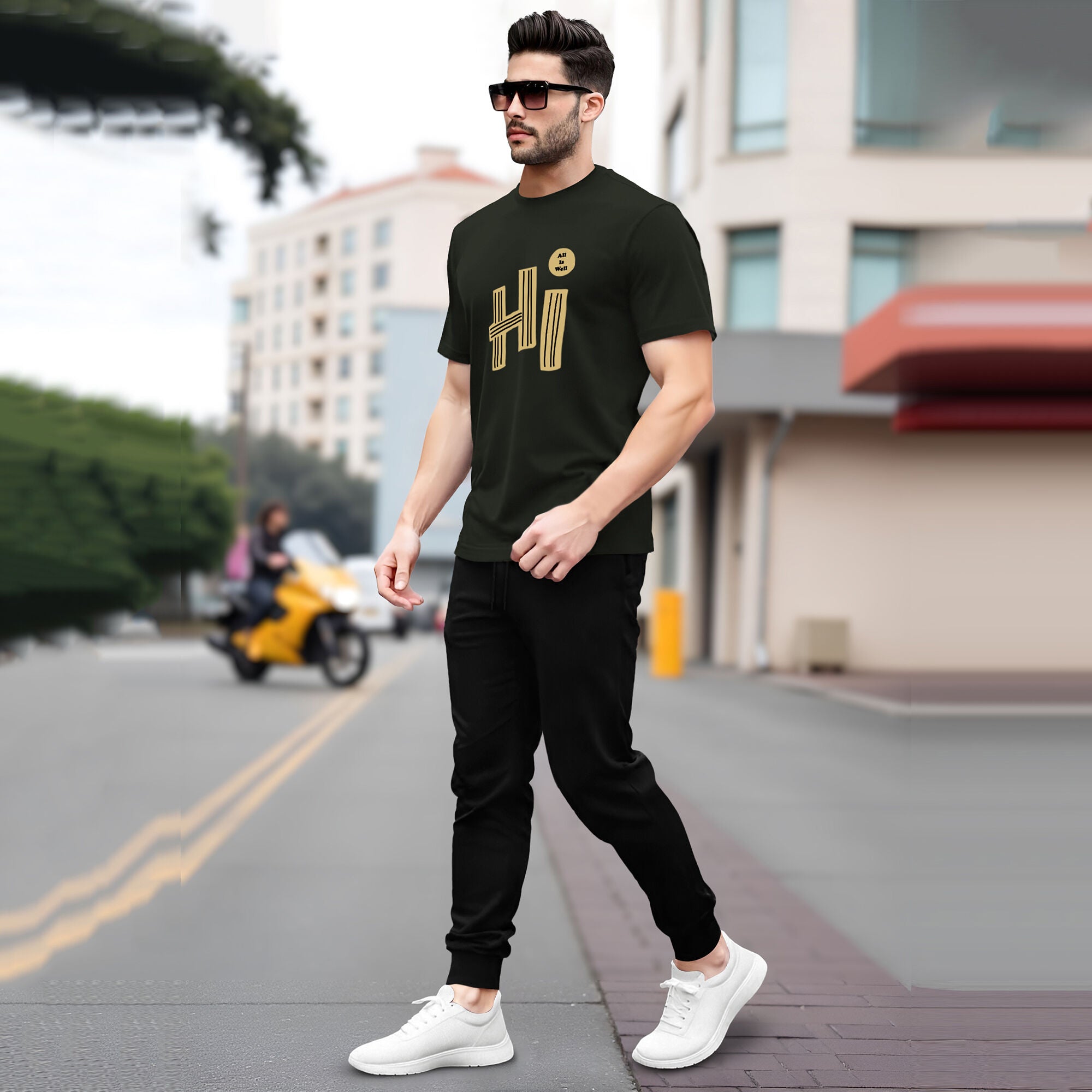 Tracksuit Men Olivegreen Half Sleeve Printed T-shirt Plain Black Trackpant