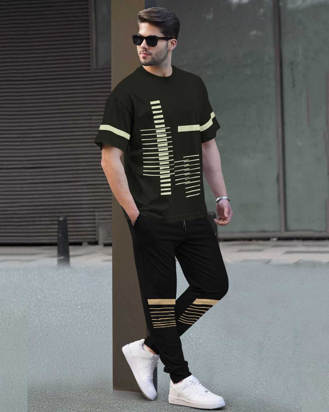 Track Suit Half Sleeve Olive Printed T-shirt with Black Printed Trackpant