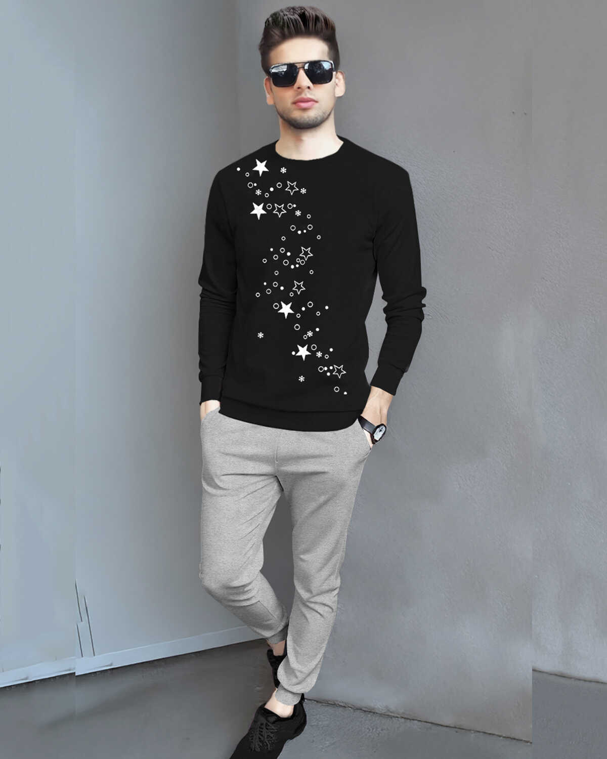 Men's Full Sleeve Star Printed Black Tshirt with Grey Track pant Tracksuit