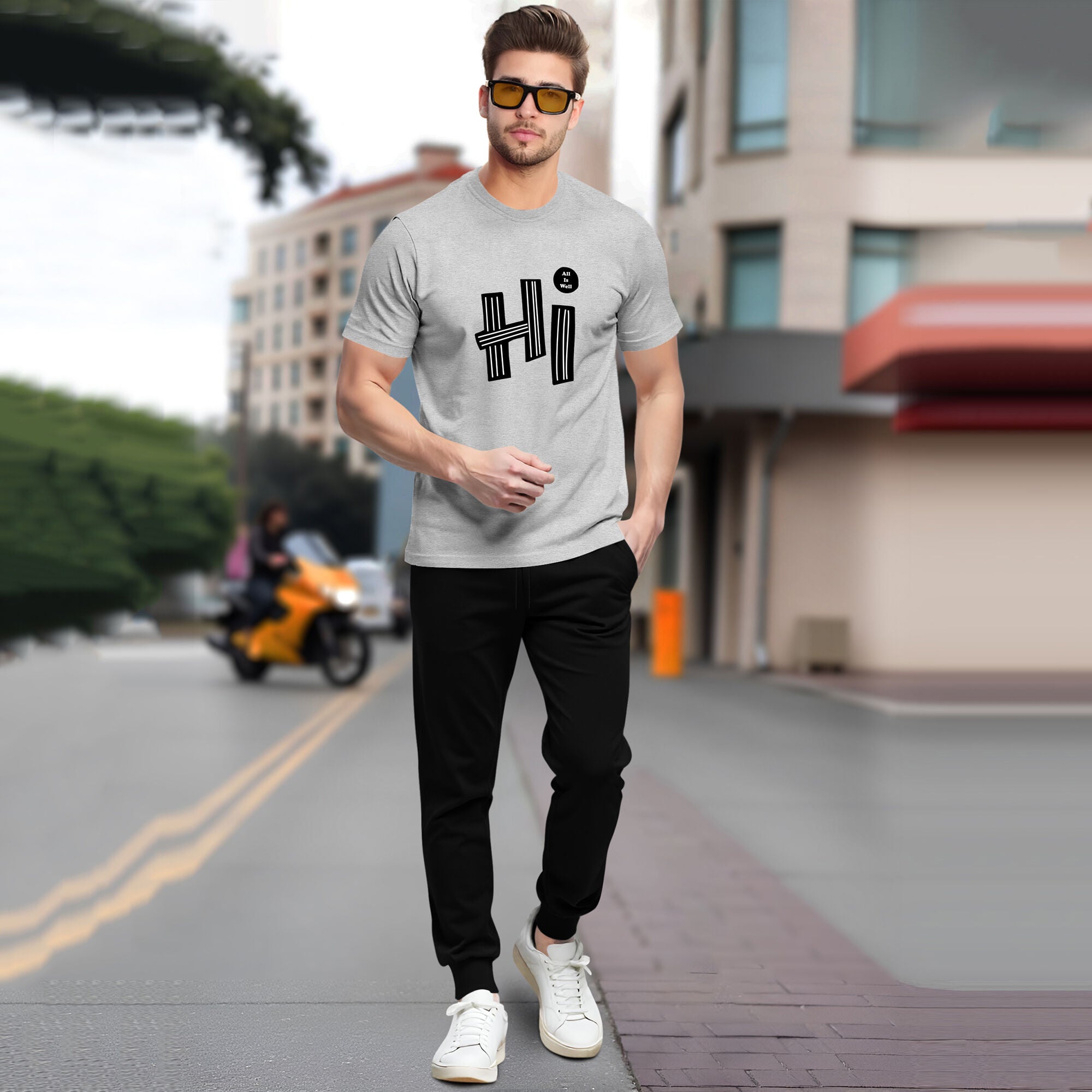 Tracksuit Men Grey Half Sleeve Printed T-shirt Plain Black Trackpant