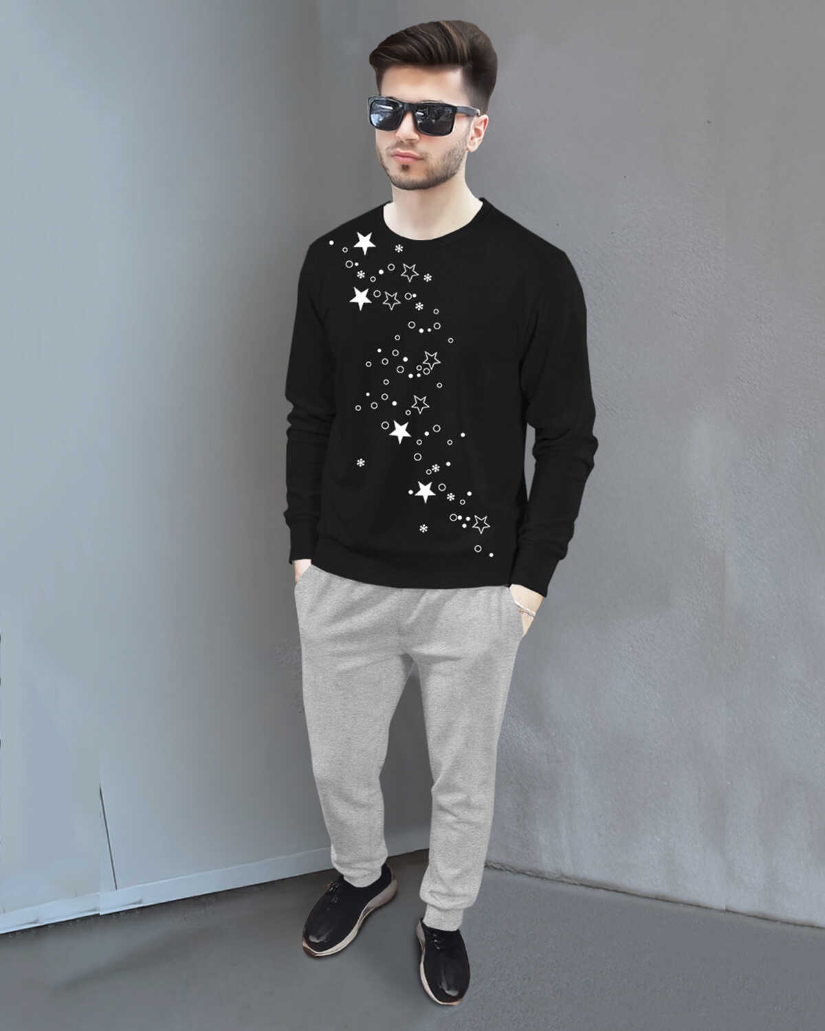 Men's Full Sleeve Star Printed Black Tshirt with Grey Track pant Tracksuit