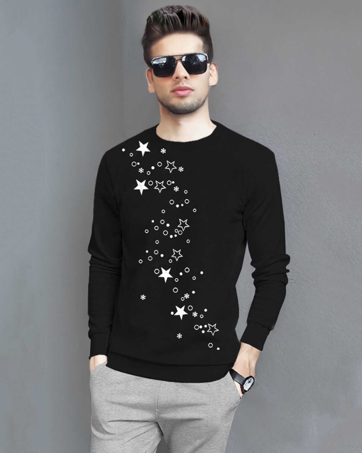 Men's Full Sleeve Star Printed Black Tshirt with Grey Track pant Tracksuit
