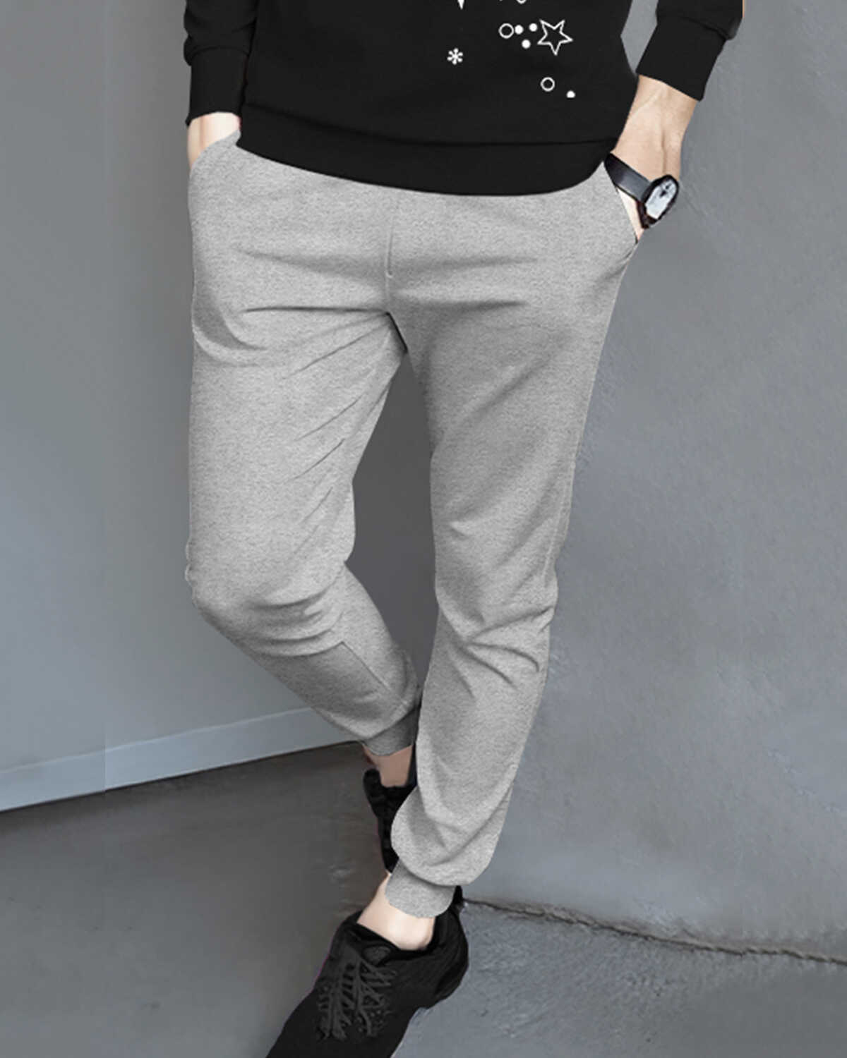 Men's Full Sleeve Star Printed Black Tshirt with Grey Track pant Tracksuit