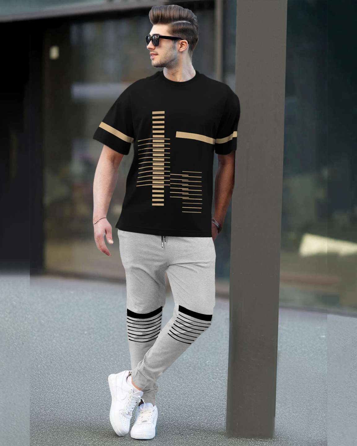 Track Suit Half Sleeve Black Printed T-shirt with Grey Printed Trackpant