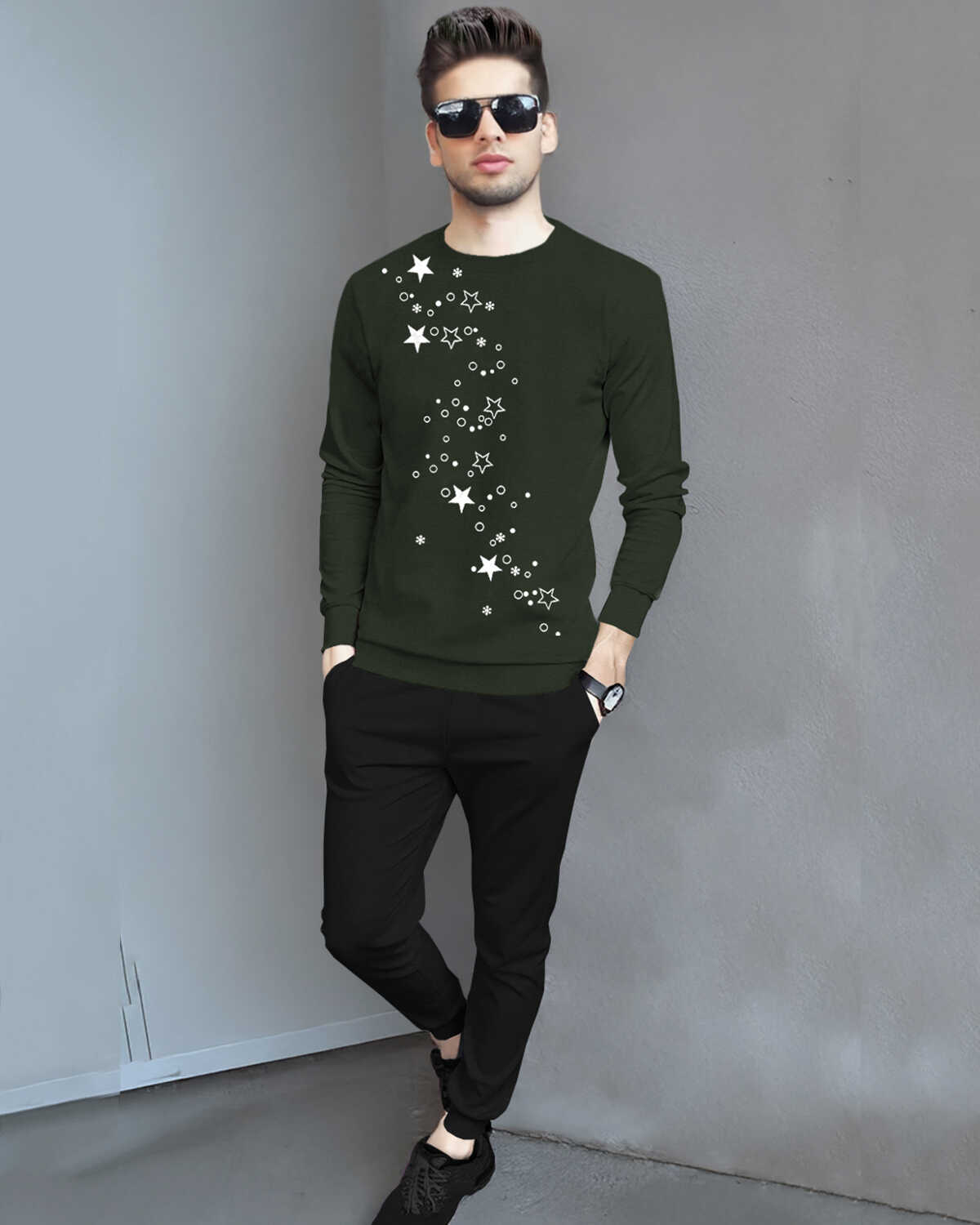 Full Sleeve Printed Olivegreen T-shirt with Plain Black Trackpant Tracksuit
