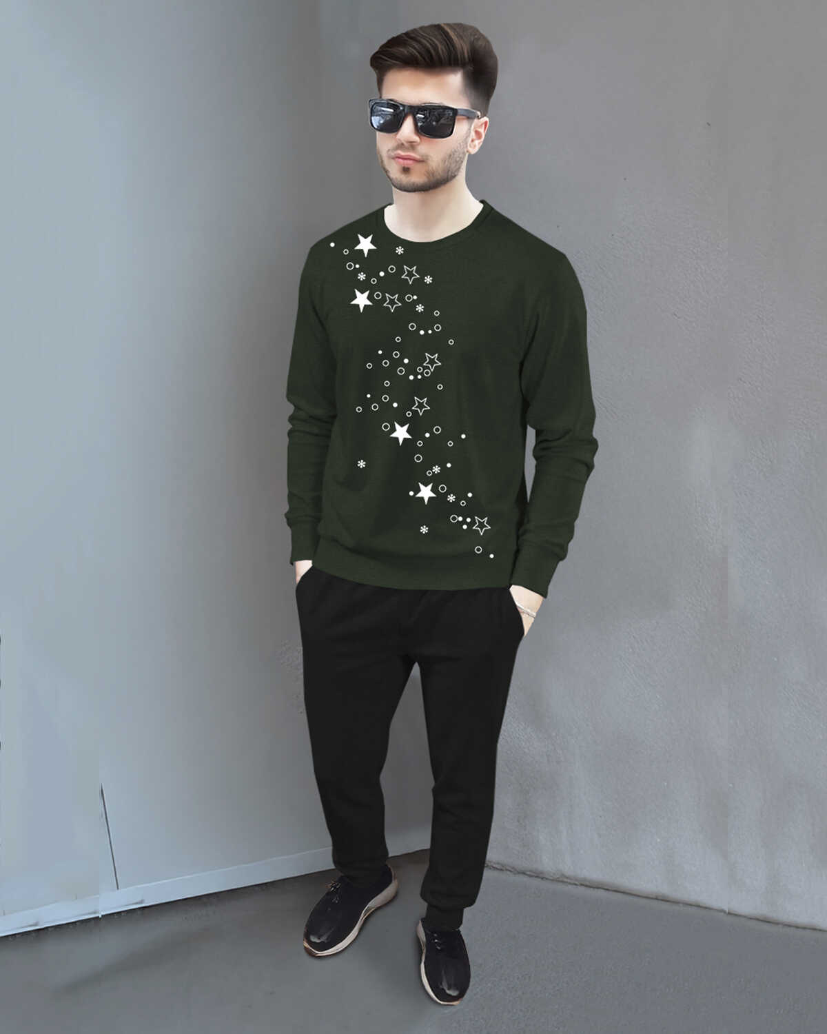 Full Sleeve Printed Olivegreen T-shirt with Plain Black Trackpant Tracksuit