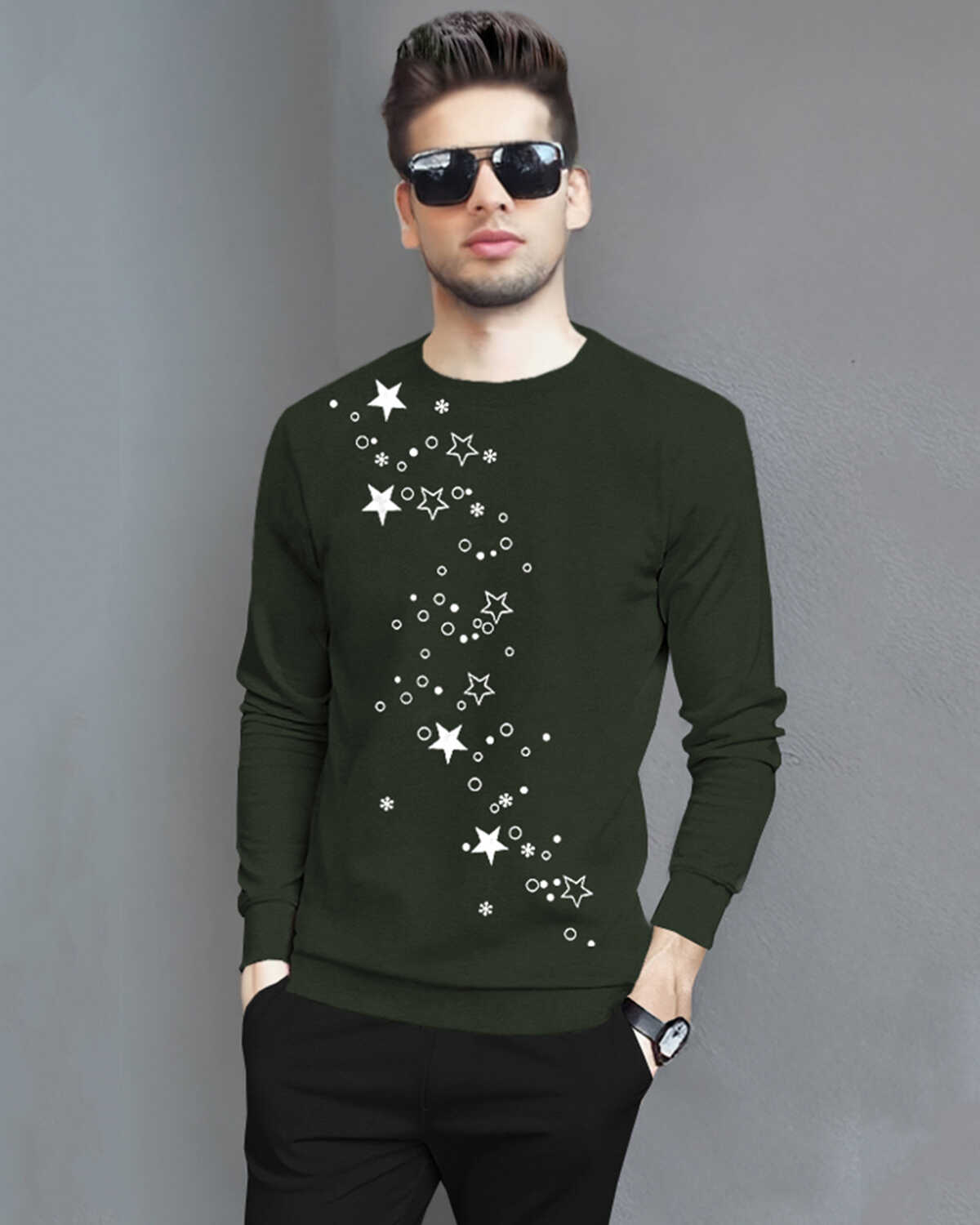 Full Sleeve Printed Olivegreen T-shirt with Plain Black Trackpant Tracksuit