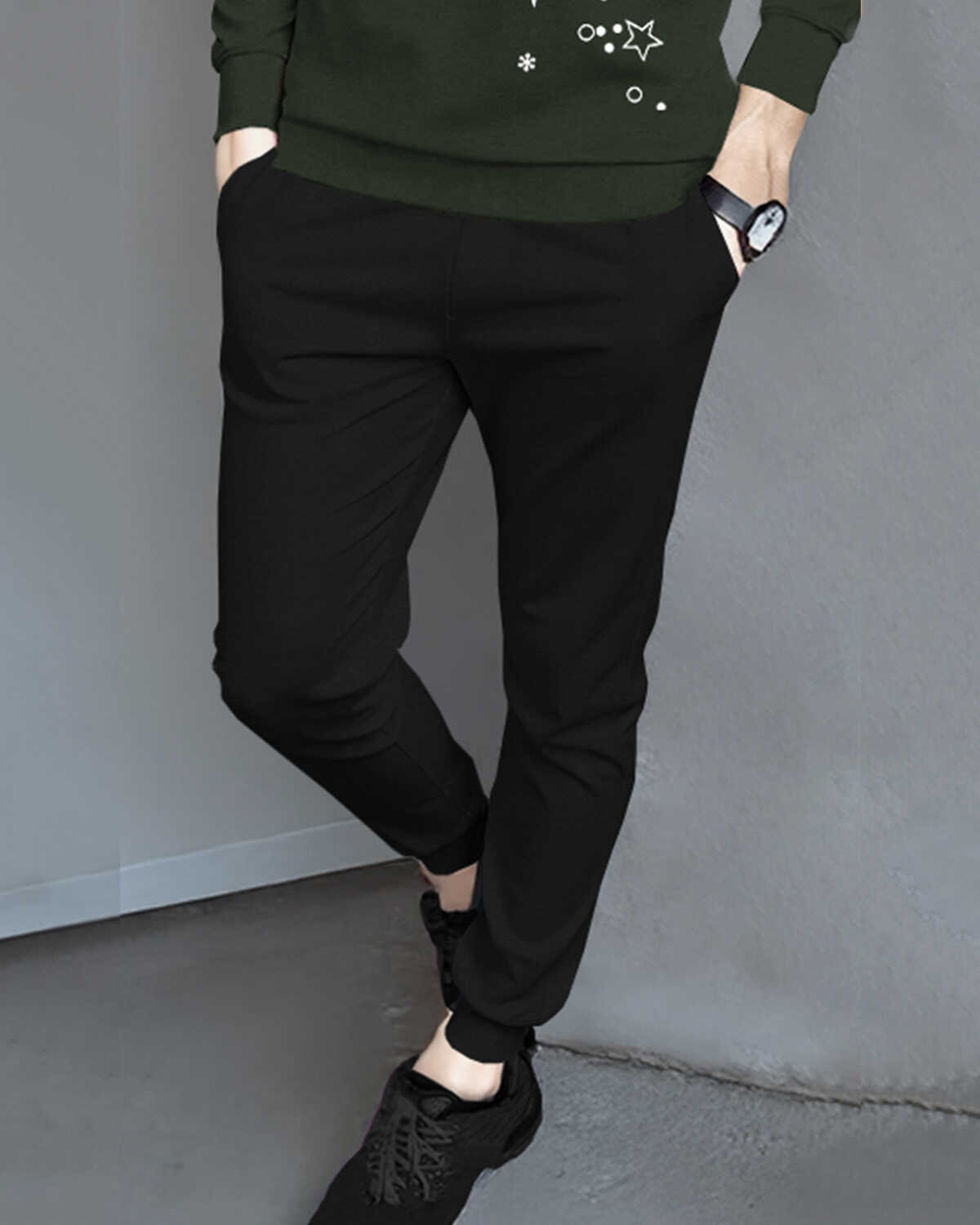Full Sleeve Printed Olivegreen T-shirt with Plain Black Trackpant Tracksuit
