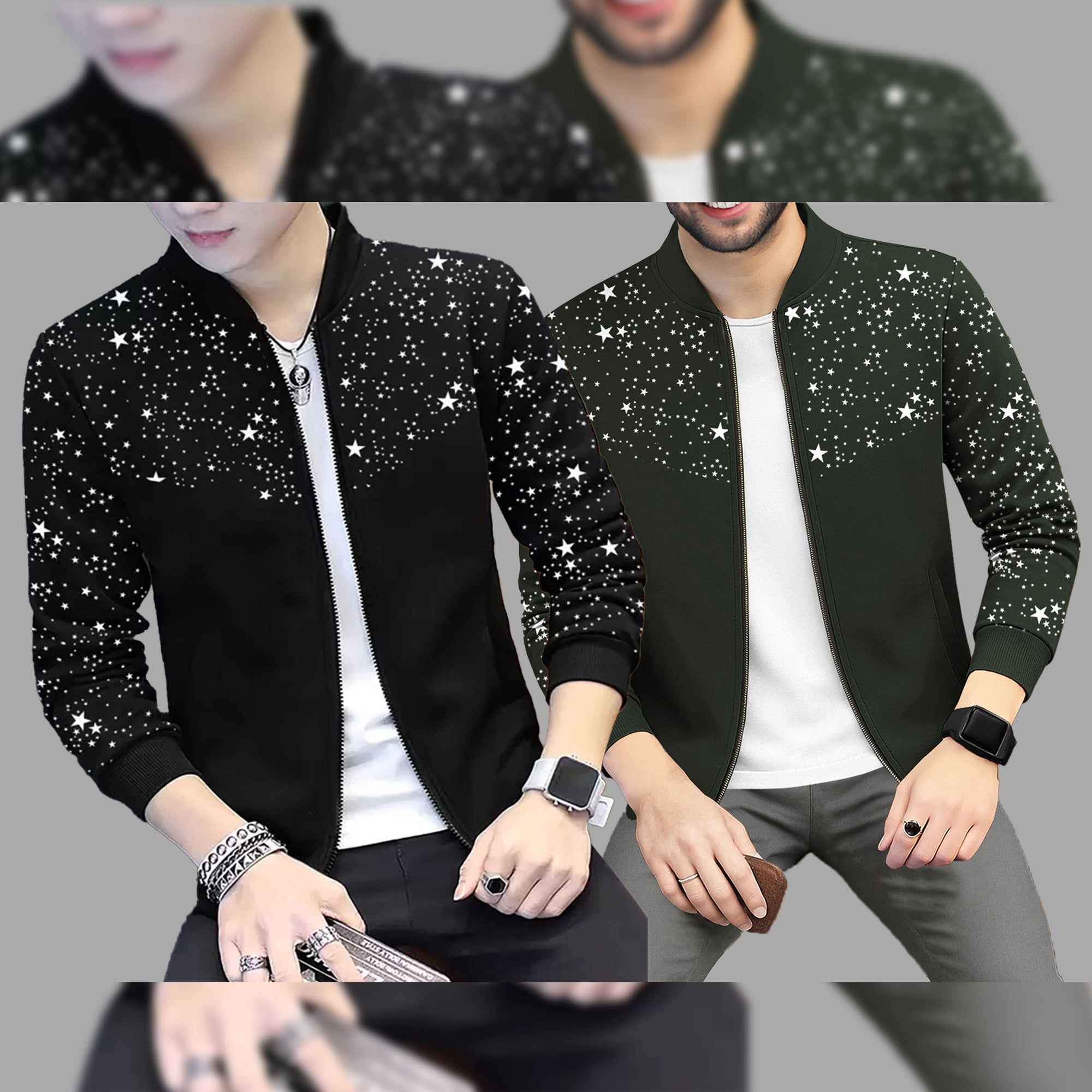 (Pack Of 2) Star Printed Round Neck Jacket Black & Olivegreen