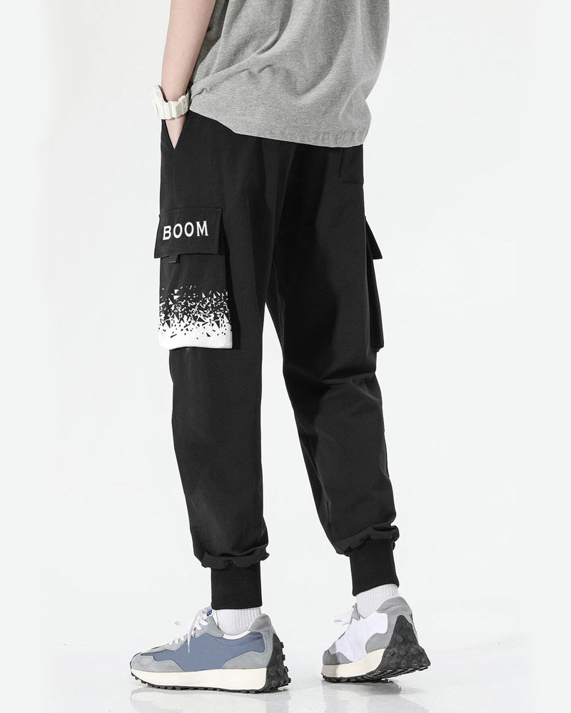 boom word printed cargo pant for men back view