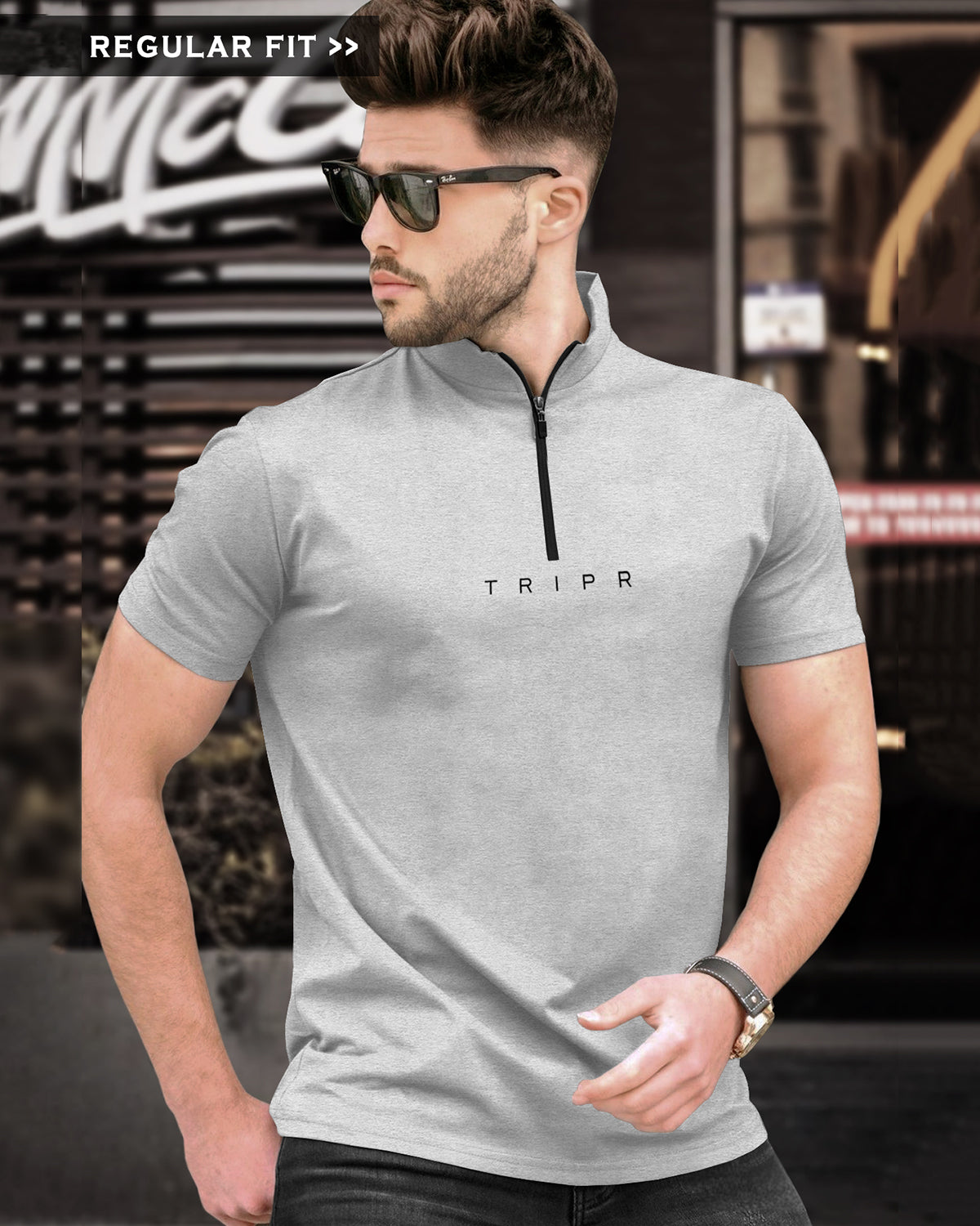 Men Plain Grey Zipper High Neck Half Sleeve T-shirt