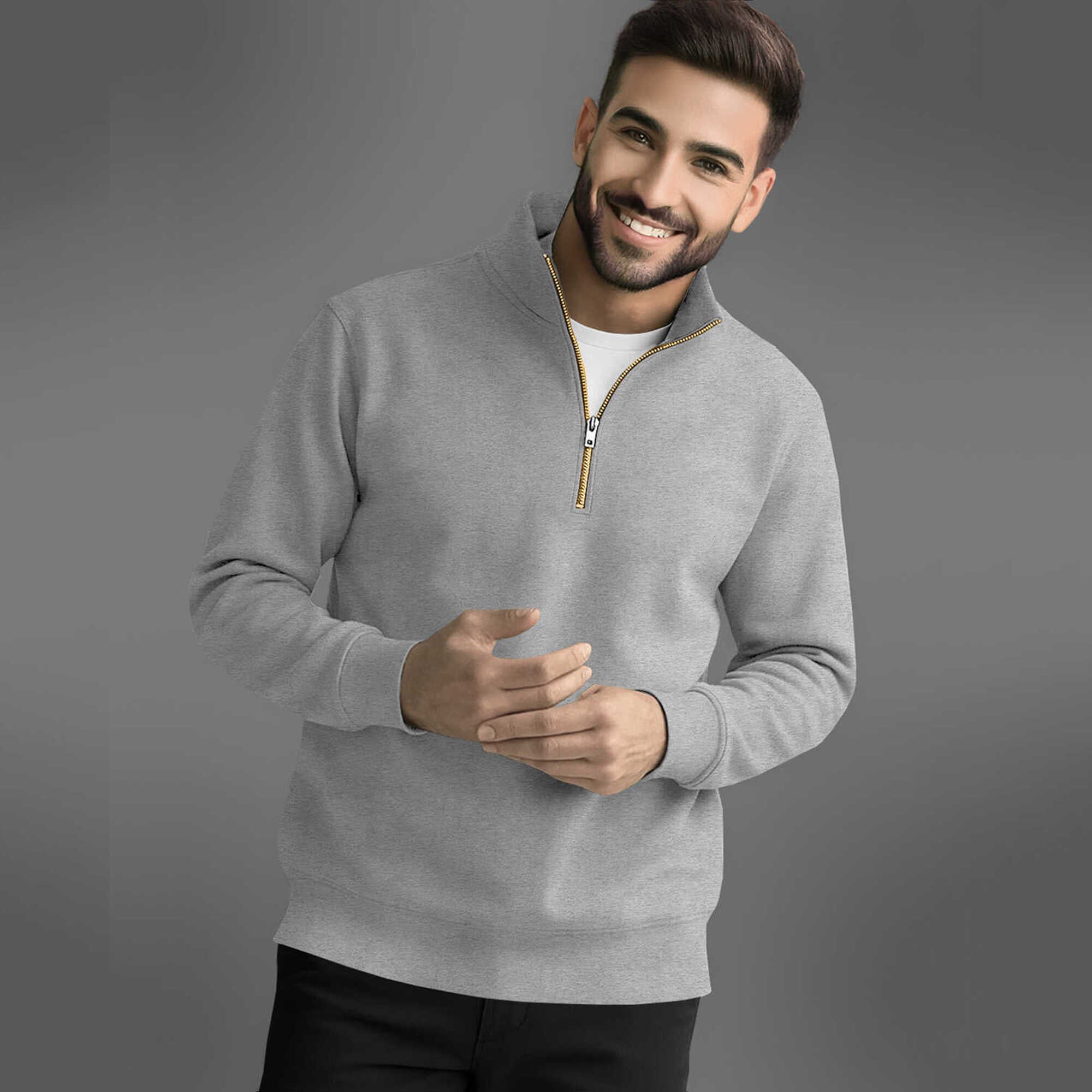Men High Neck Quarter Zip Up Grey Sweatshirt