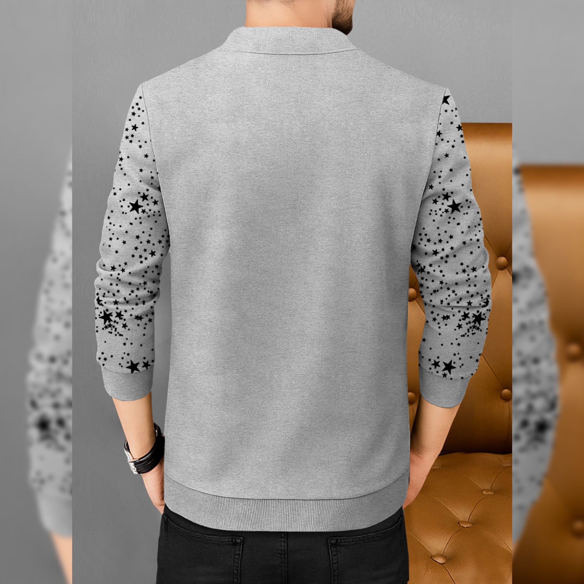 Men Full Sleeve Star Printed Round Neck Jacket Grey