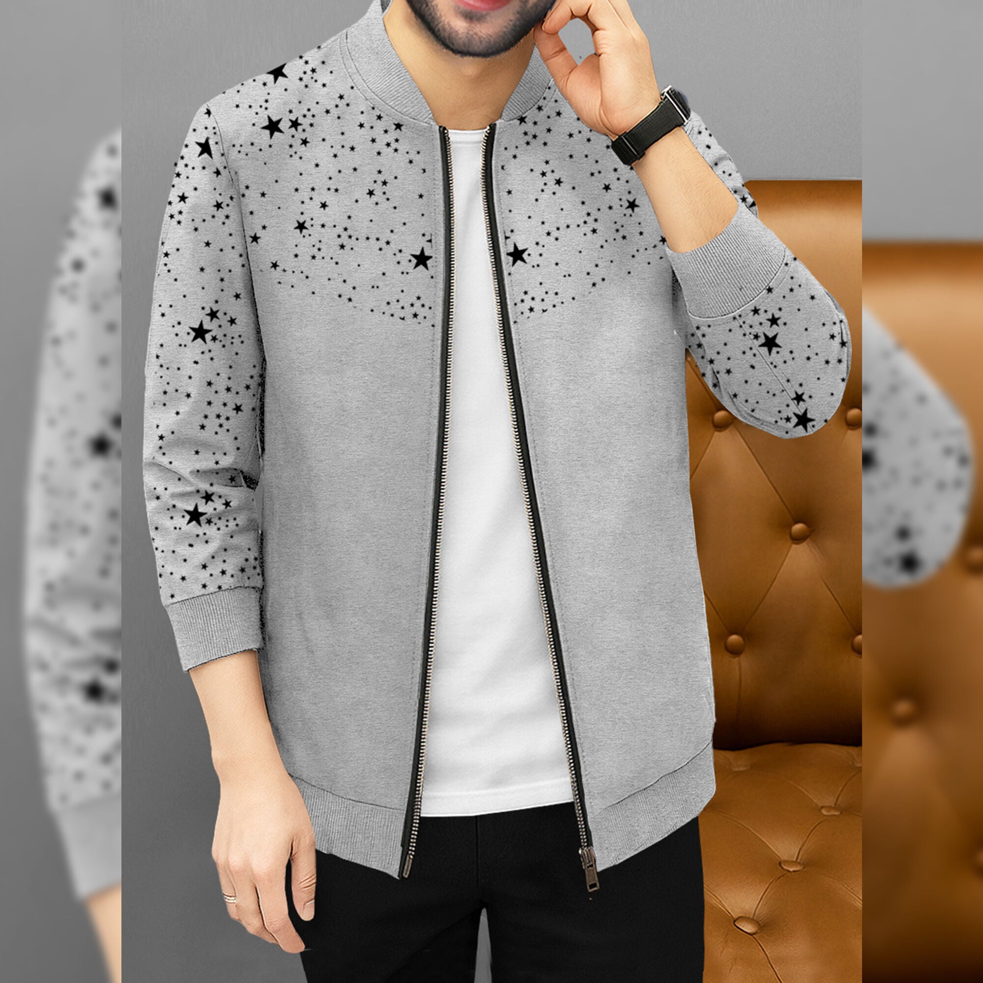 Men Full Sleeve Star Printed Round Neck Jacket Grey