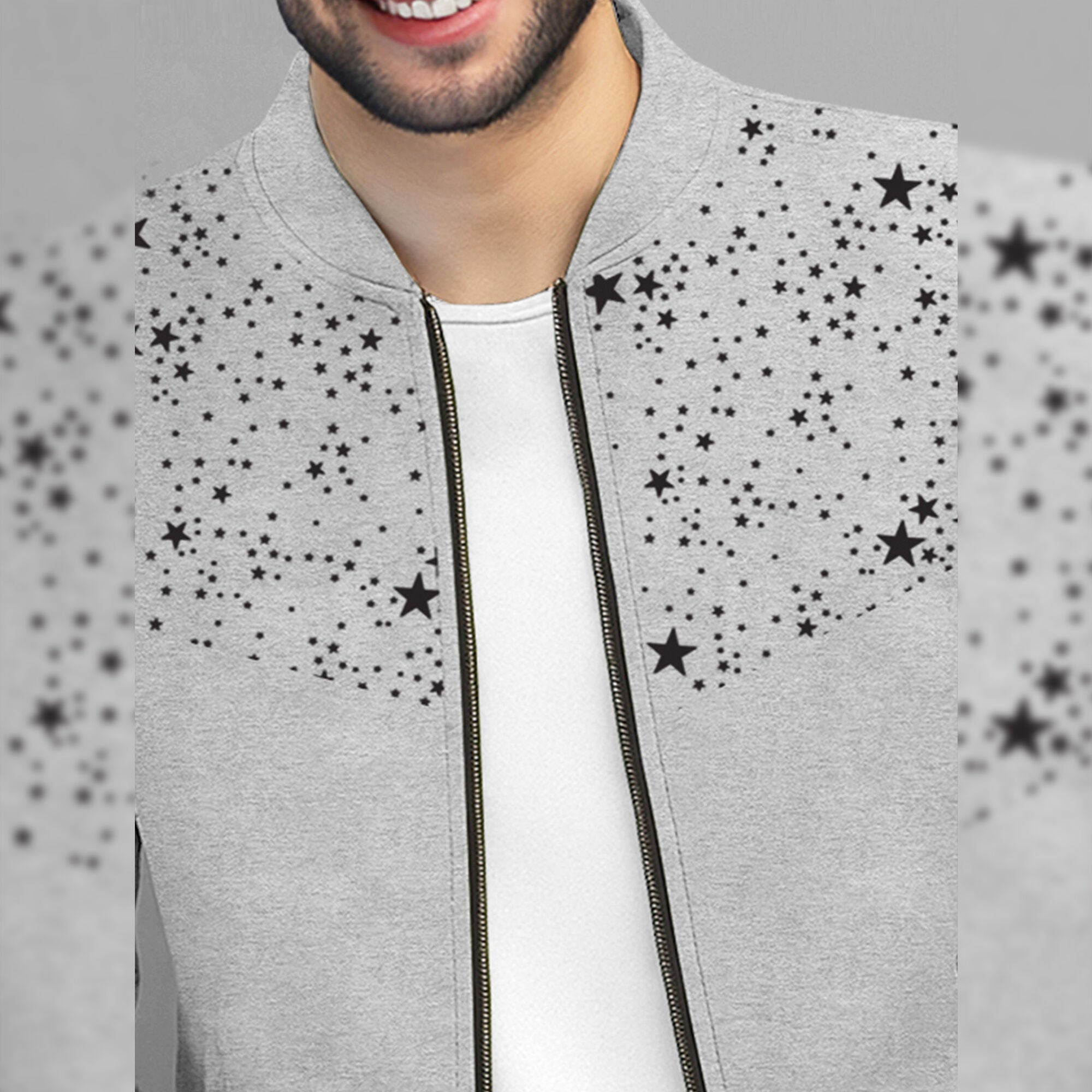 Men Full Sleeve Star Printed Round Neck Jacket Grey
