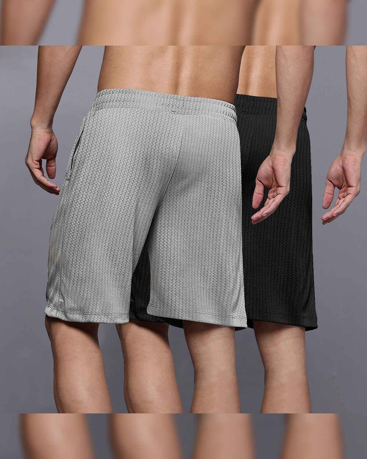 (Pack Of 2) Men Plain Waffle Shorts / Grey & Black