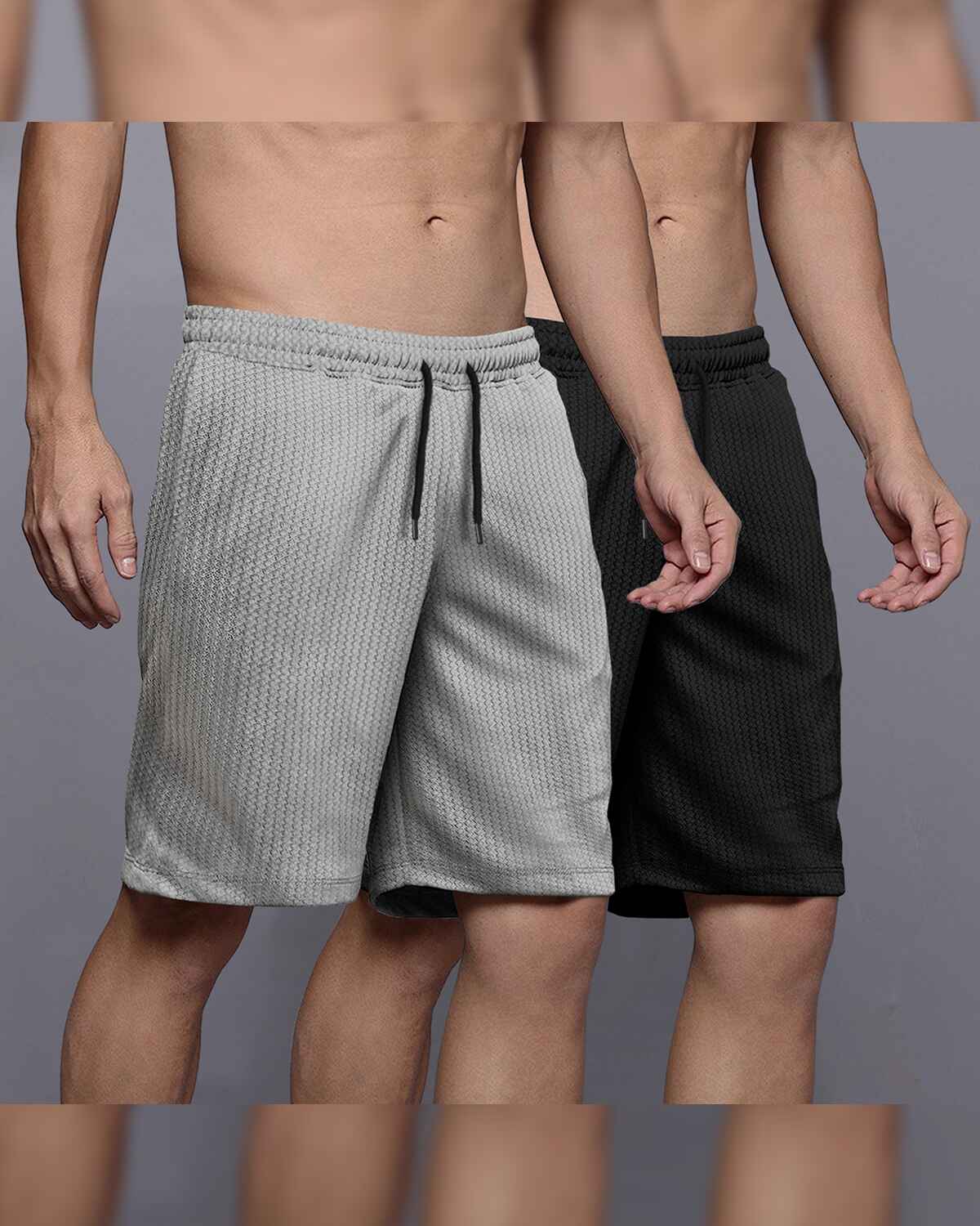 (Pack Of 2) Men Plain Waffle Shorts / Grey & Black
