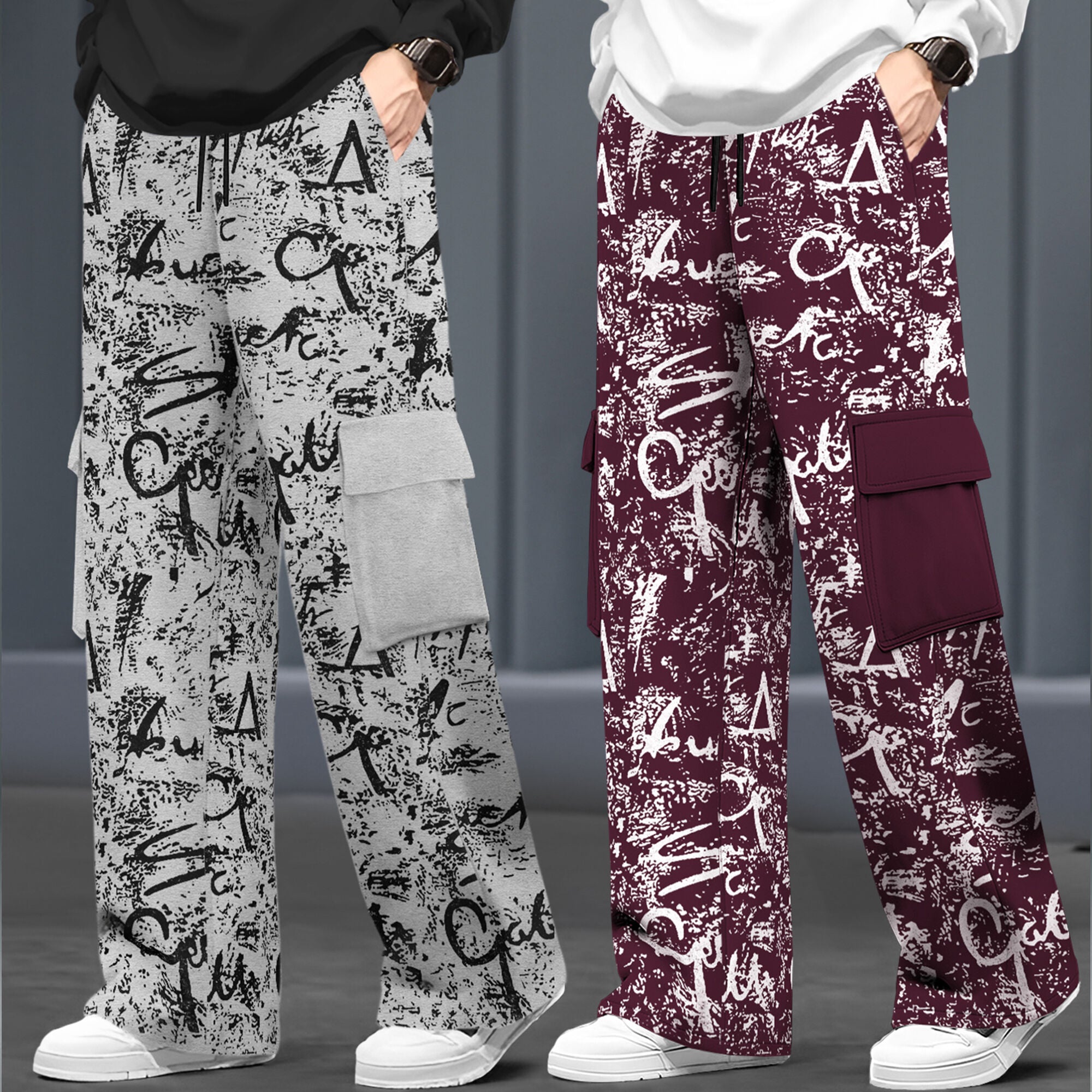 (Pack Of 2) Multi Pockets Loose Fit Printed Baggy Cargos
