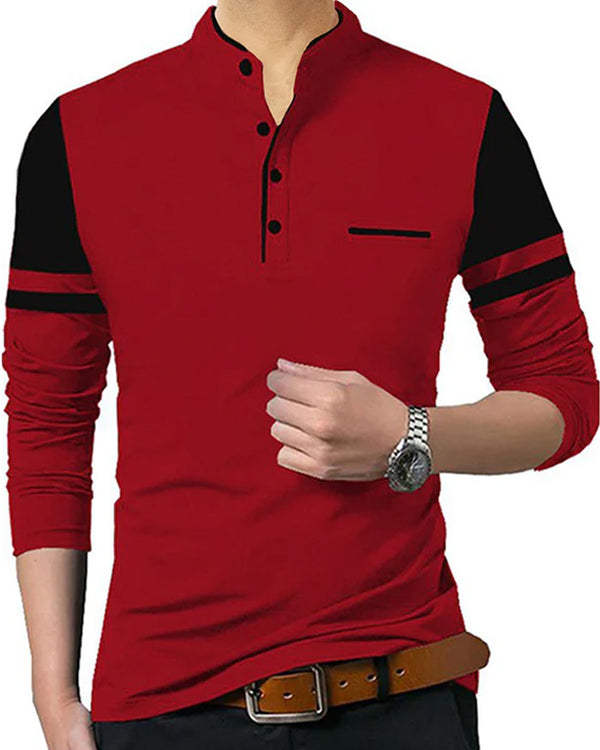 red and black full hand men's mandarin collar tshirt 
