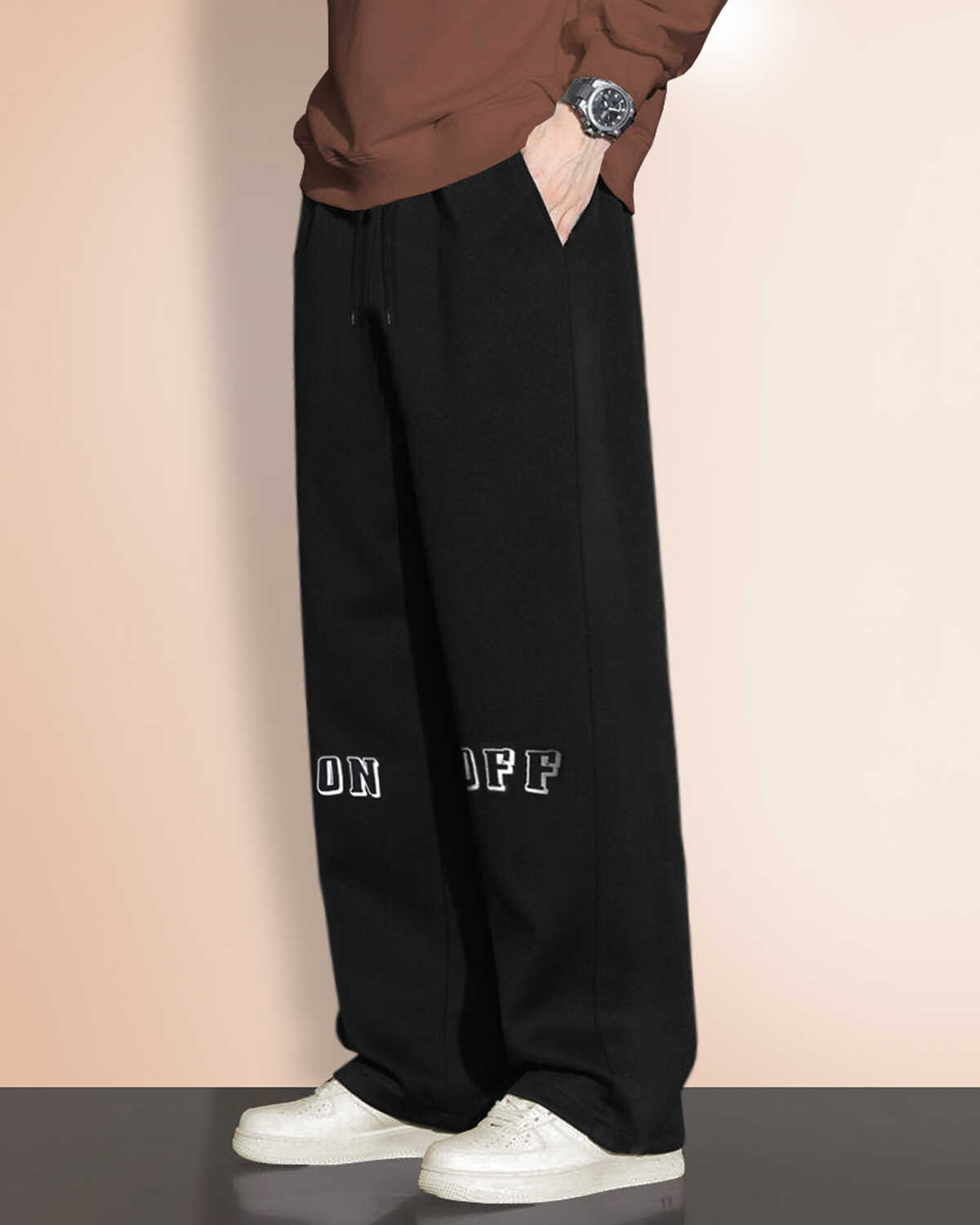 Men ON OFF Printed Loose Fit Trackpant Black