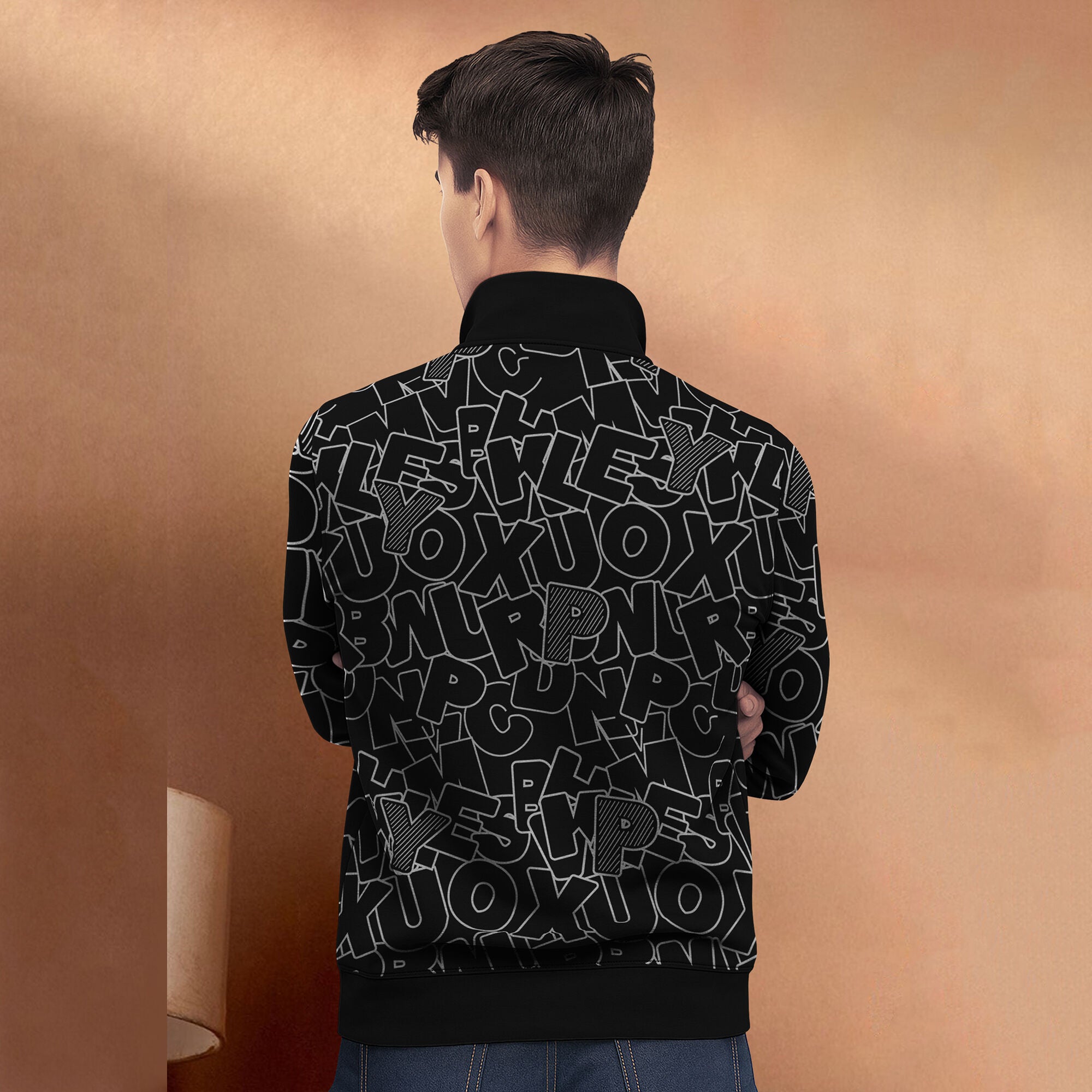 Black And White High Neck All Over Printed Jacket