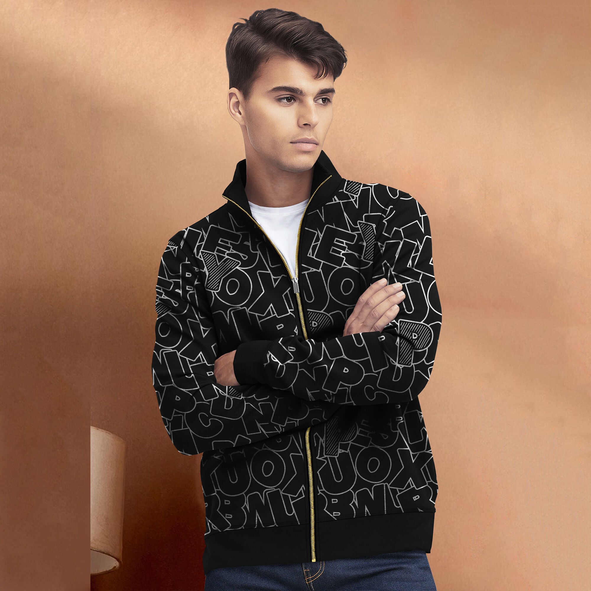 Black And White High Neck All Over Printed Jacket