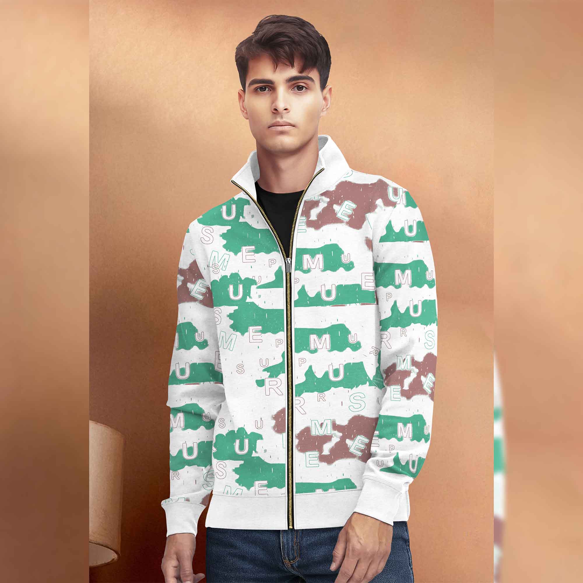 White High Neck Printed Casual Jacket