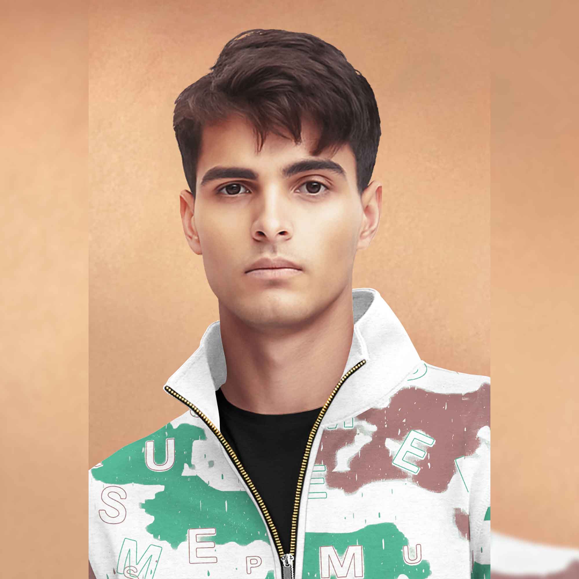 White High Neck Printed Casual Jacket