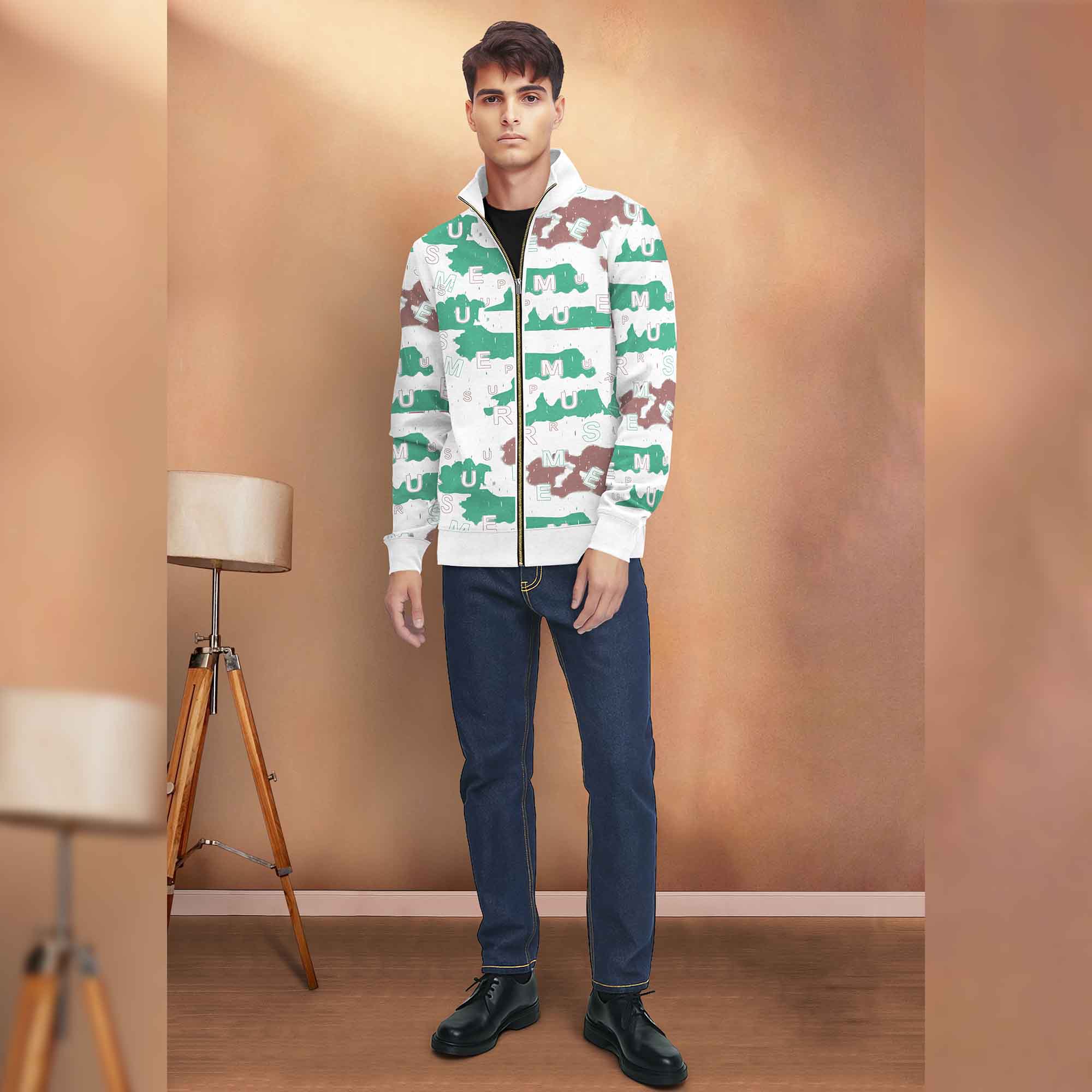 White High Neck Printed Casual Jacket