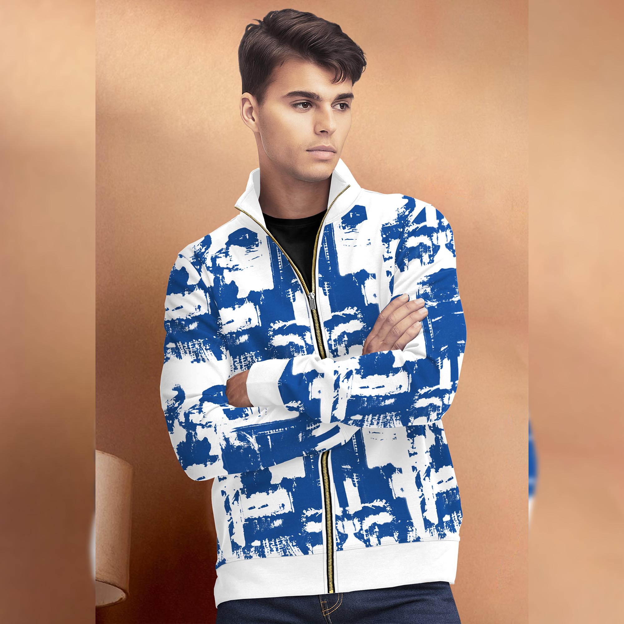 White & Blue High Neck Printed Casual Jacket