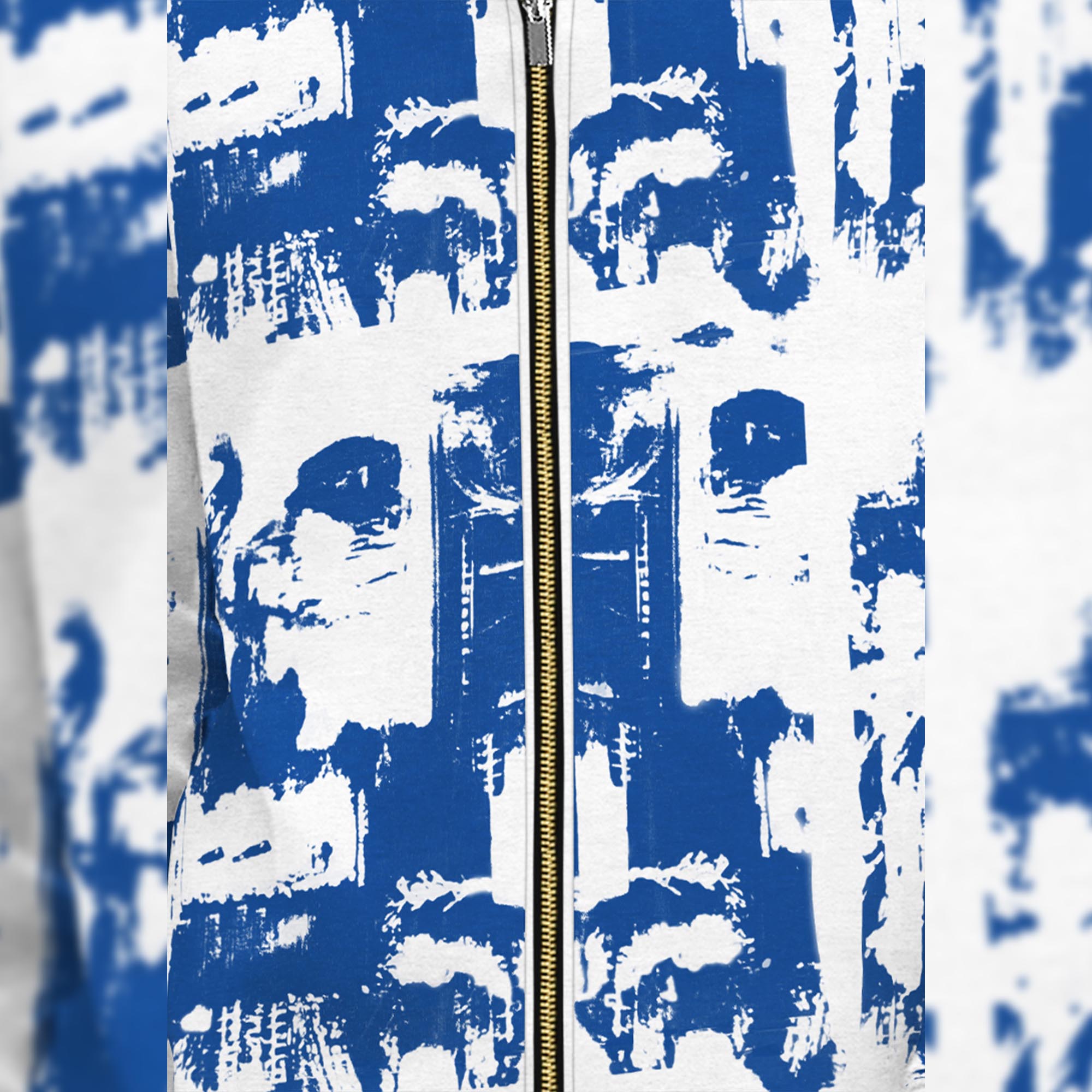 White & Blue High Neck Printed Casual Jacket