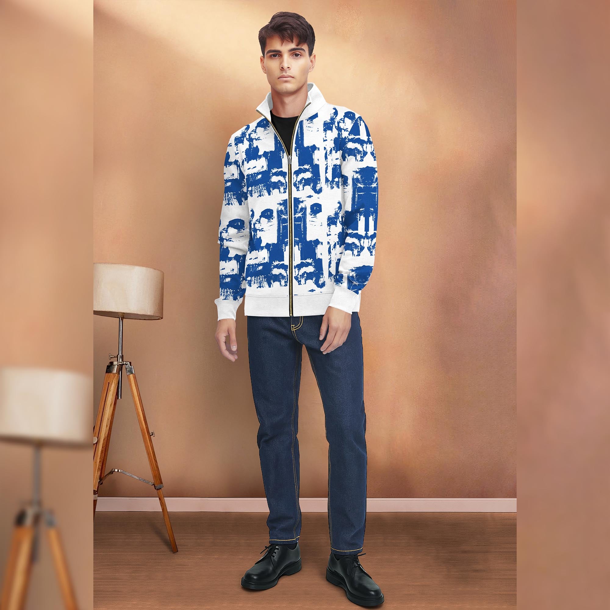 White & Blue High Neck Printed Casual Jacket