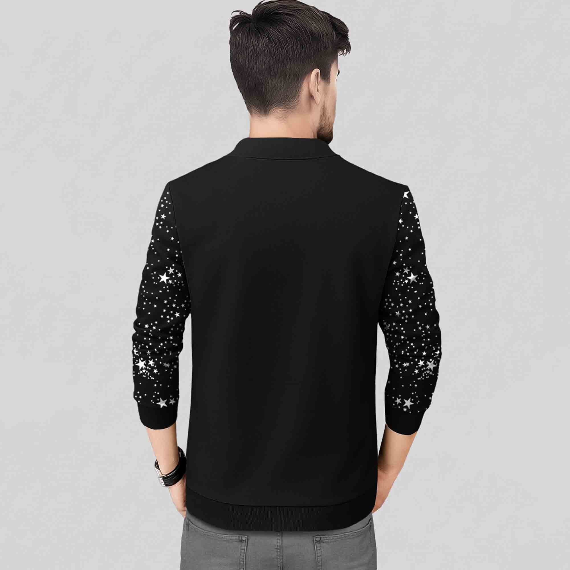 Men Star Printed Black Round Neck Jacket