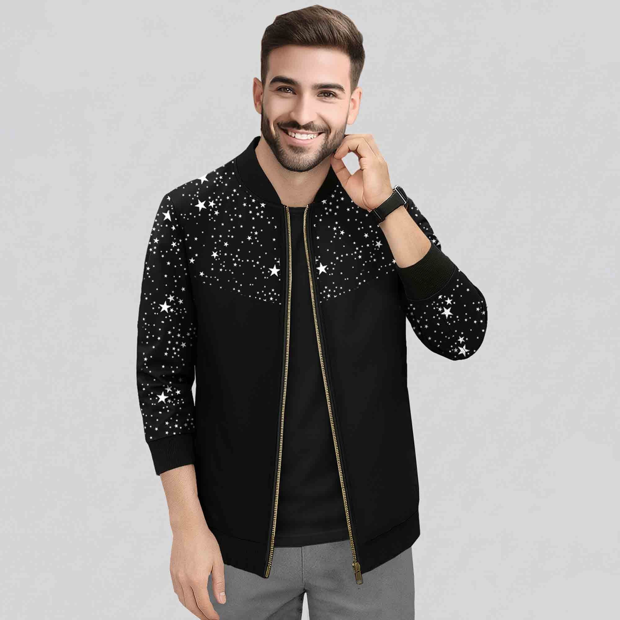 Men Star Printed Black Round Neck Jacket