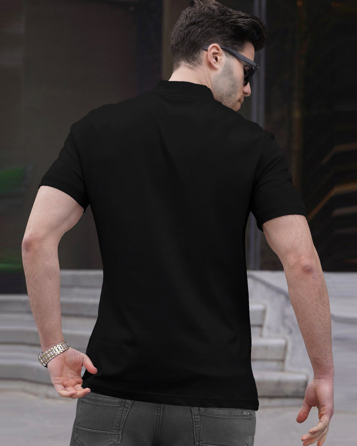 Men High Neck Black Zip Up Half Sleeve T-shirt