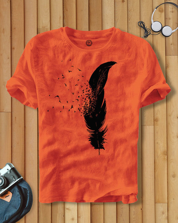 Men Feather Printed Orange Half Sleeve Round Neck T-shirt