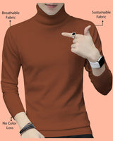 Men High Neck Solid Brown Full Hand T-shirt