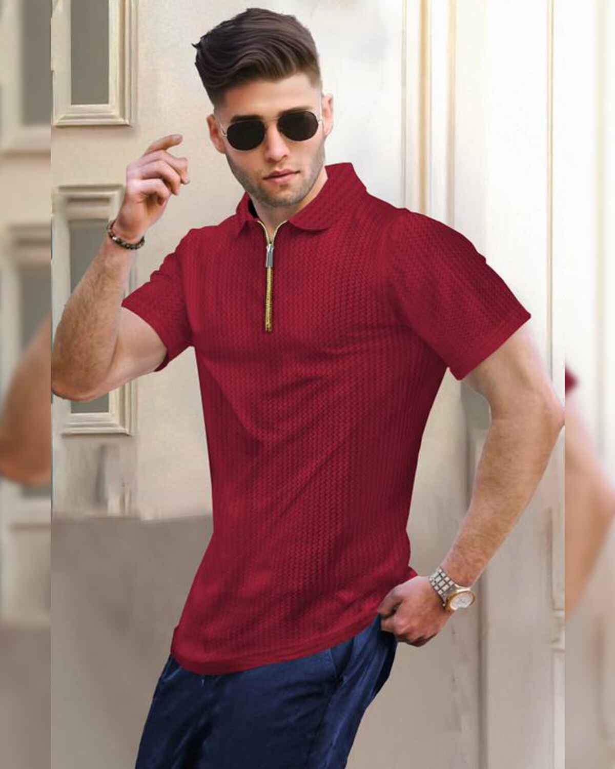 Mens Textured Half Sleeve Zipper Polo Fit Waffle Red T-shirt