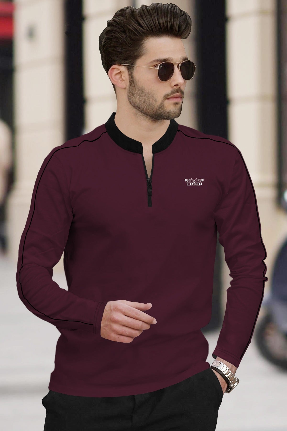 Men Mandarin Collar Full Sleeve Zip Neck Contrast T-Shirts
