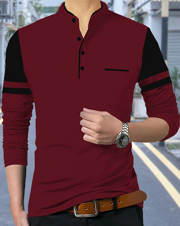 maroon full sleeve henley tshirt for men front view