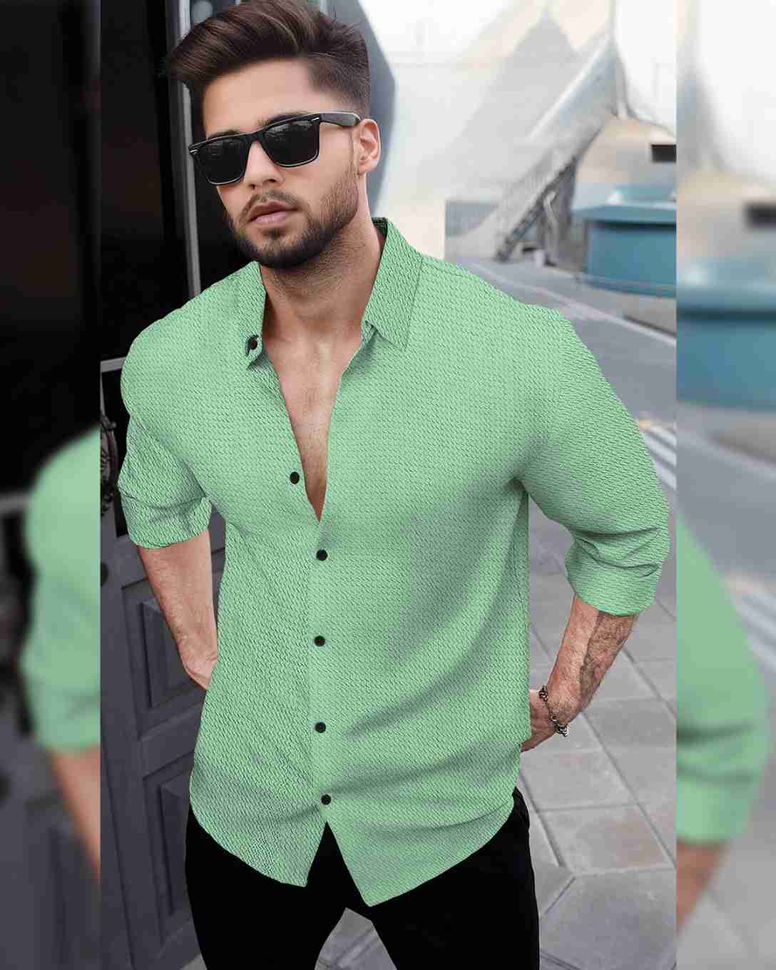 Men Full Sleeve Casual Striped Plain Shirt Light Green