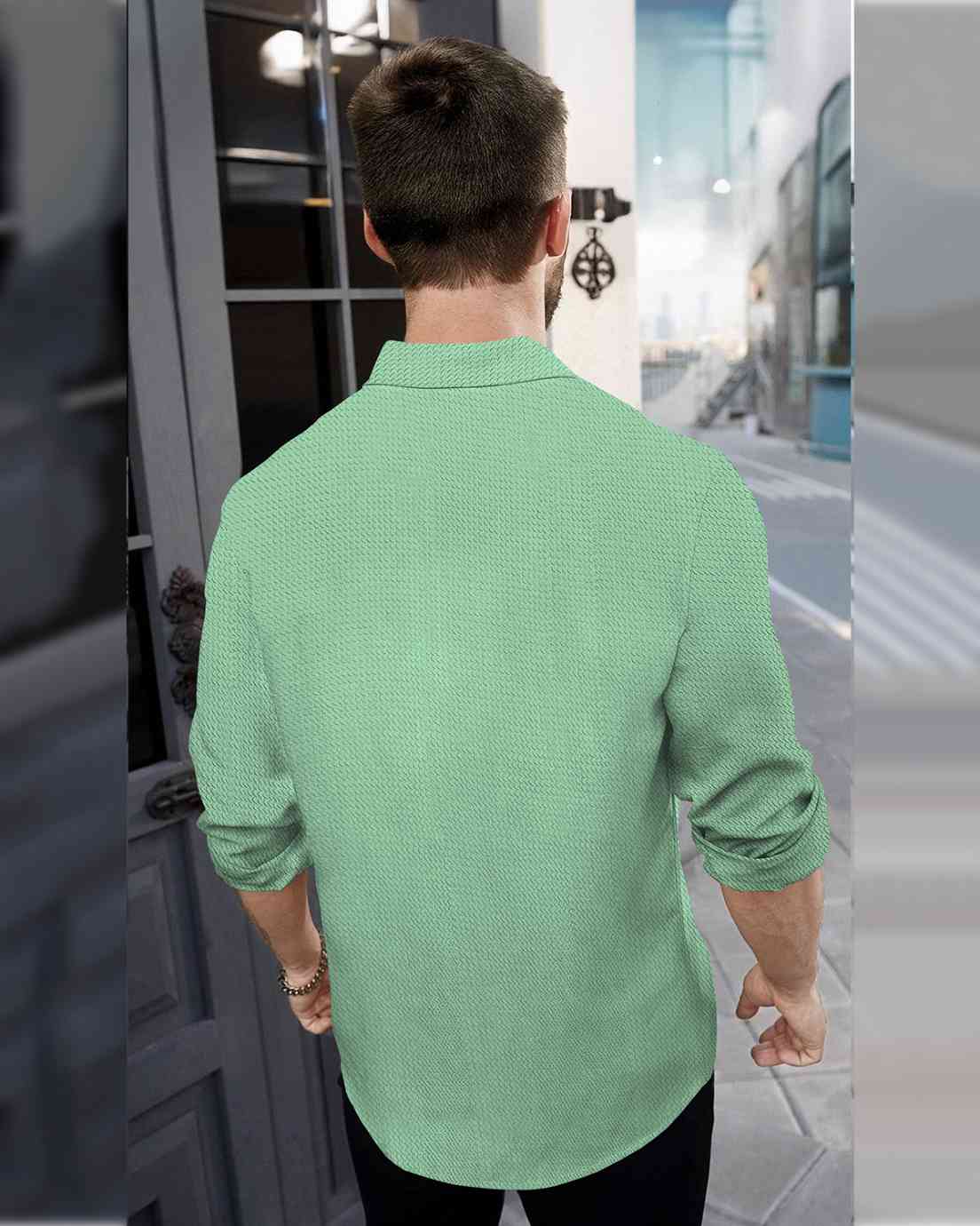 Men Full Sleeve Casual Striped Plain Shirt Light Green
