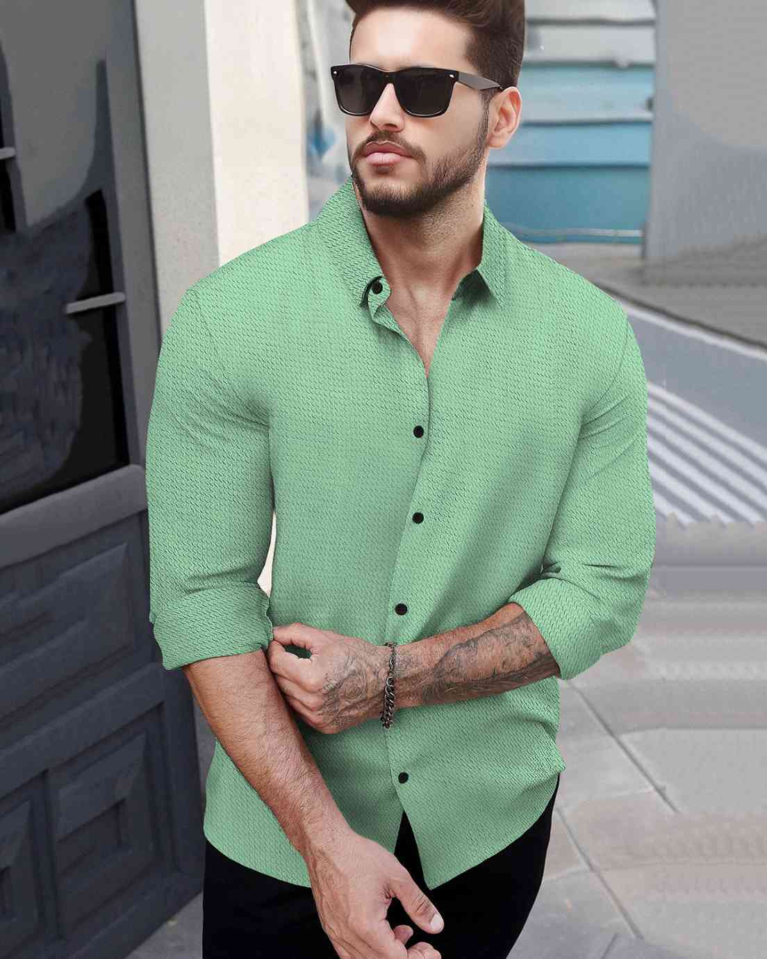 Men Full Sleeve Casual Striped Plain Shirt Light Green